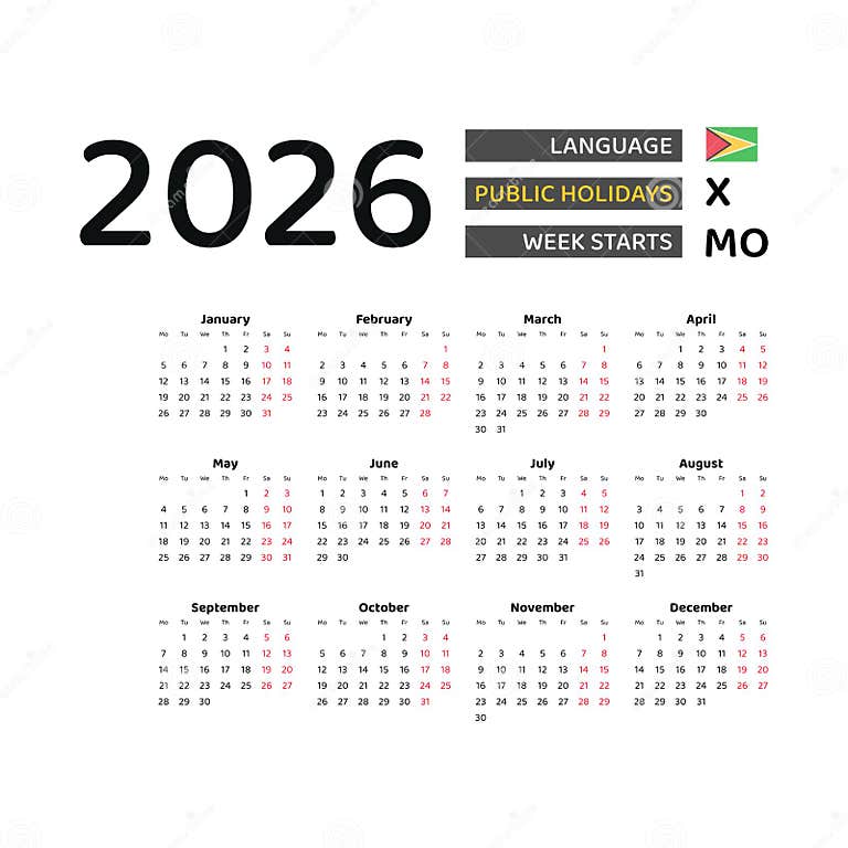 Guyana Calendar 2026. Week Starts from Monday. Vector Graphic Design