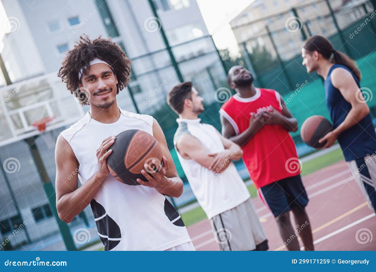 Guys playing basketball stock image. Image of cheerful - 299171259
