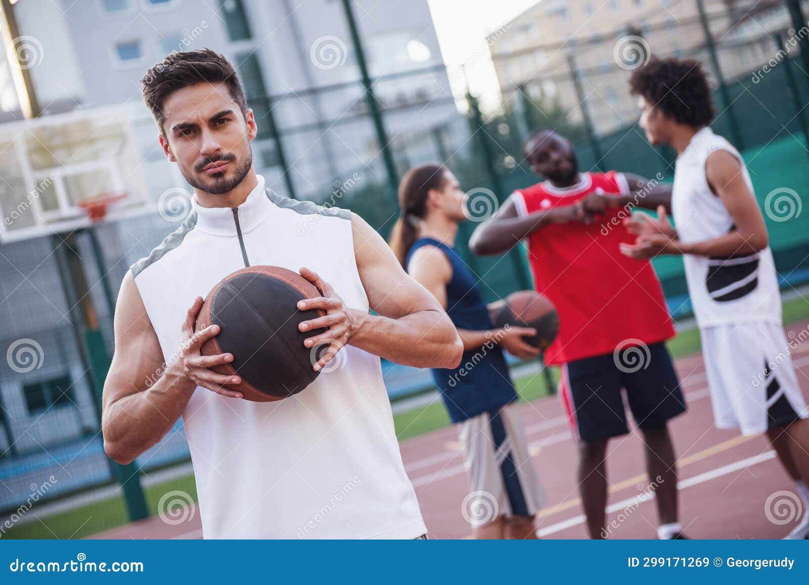 Guys playing basketball stock image. Image of adult - 299171269