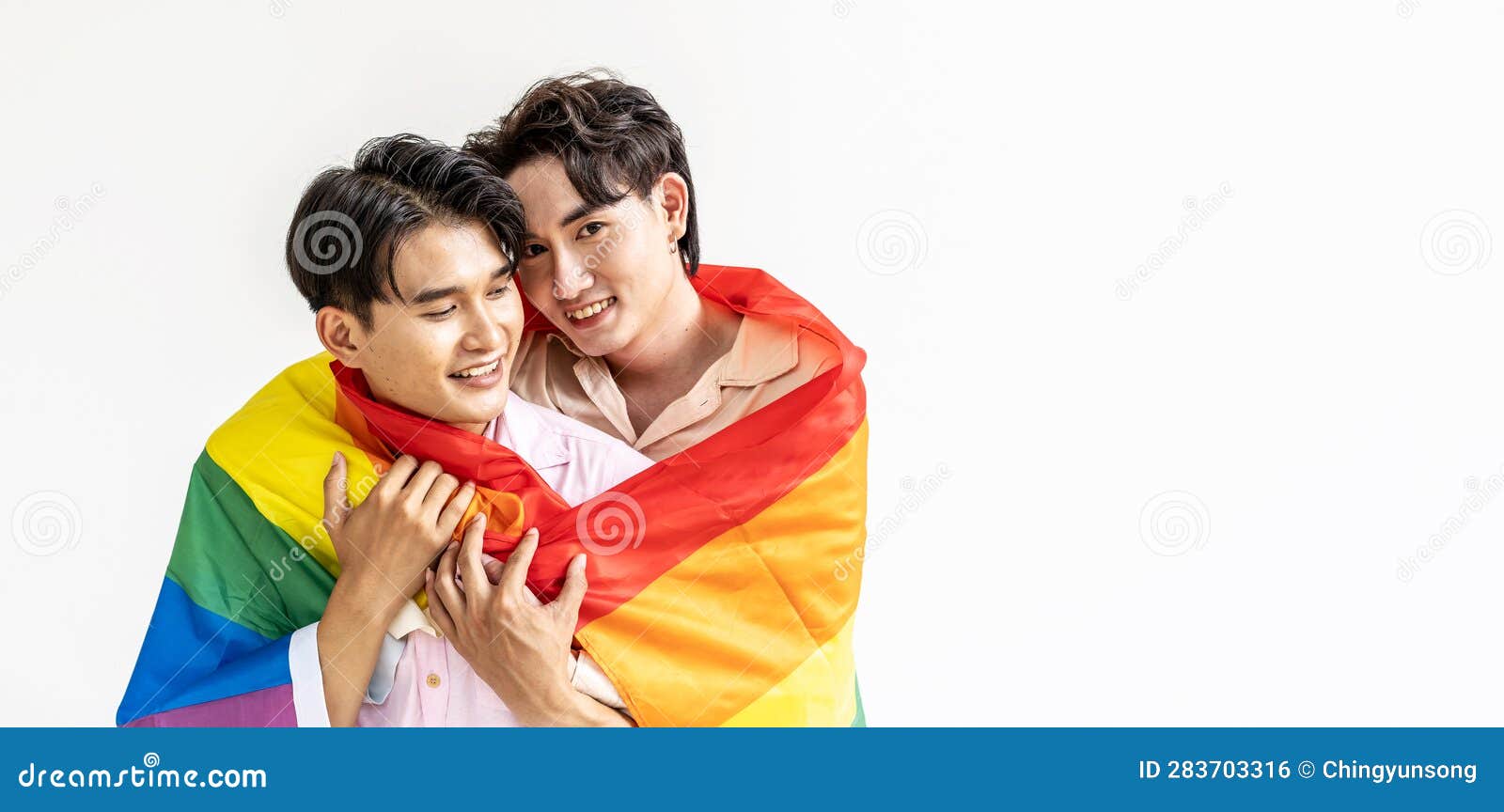 Guys Spend Time Together At Home Portrait Of Happy Asian Gay Couple Embracing And Showing Their 