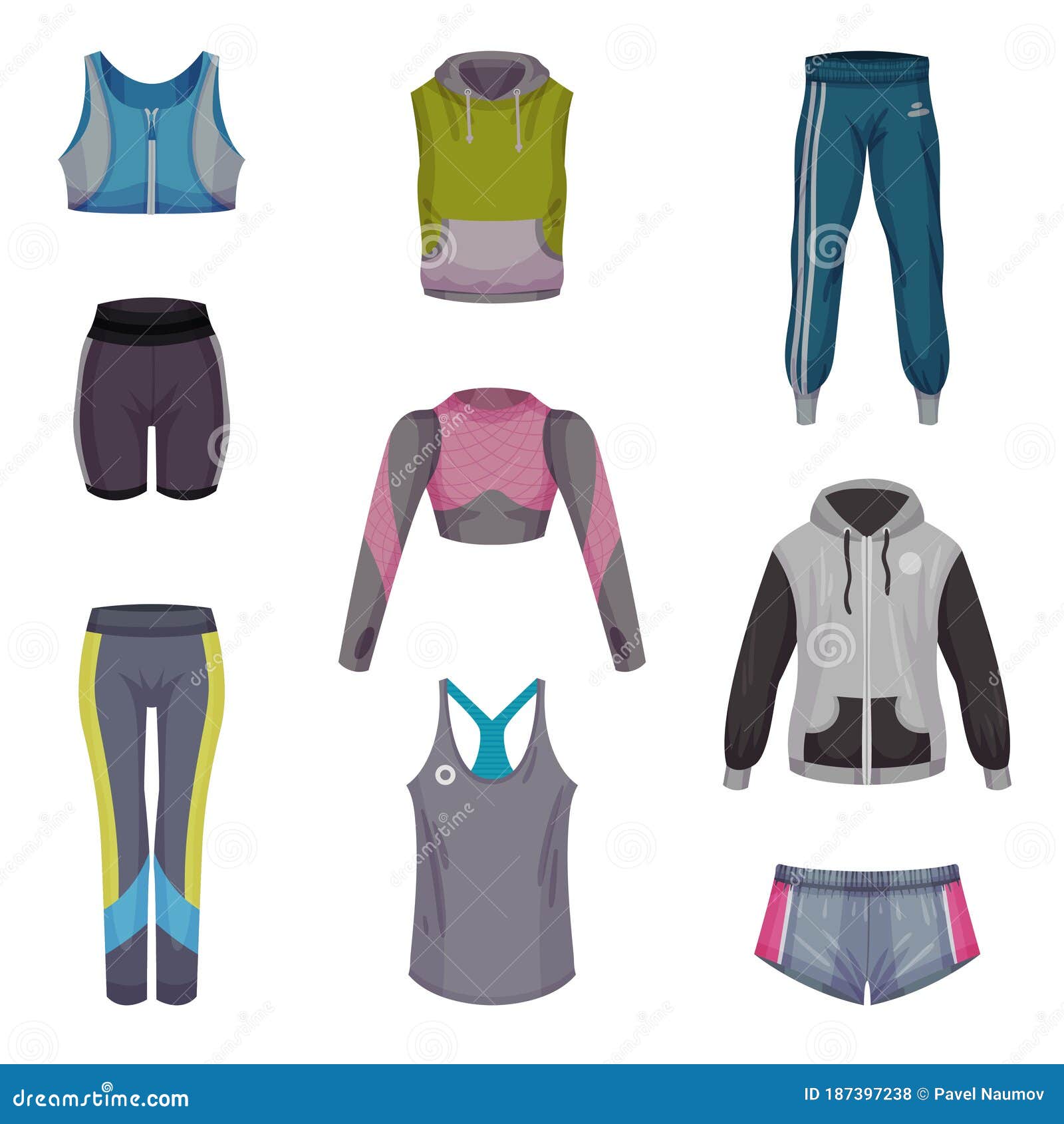 Gym Clothing or Athletic Apparel with Sports Trousers and Shorts