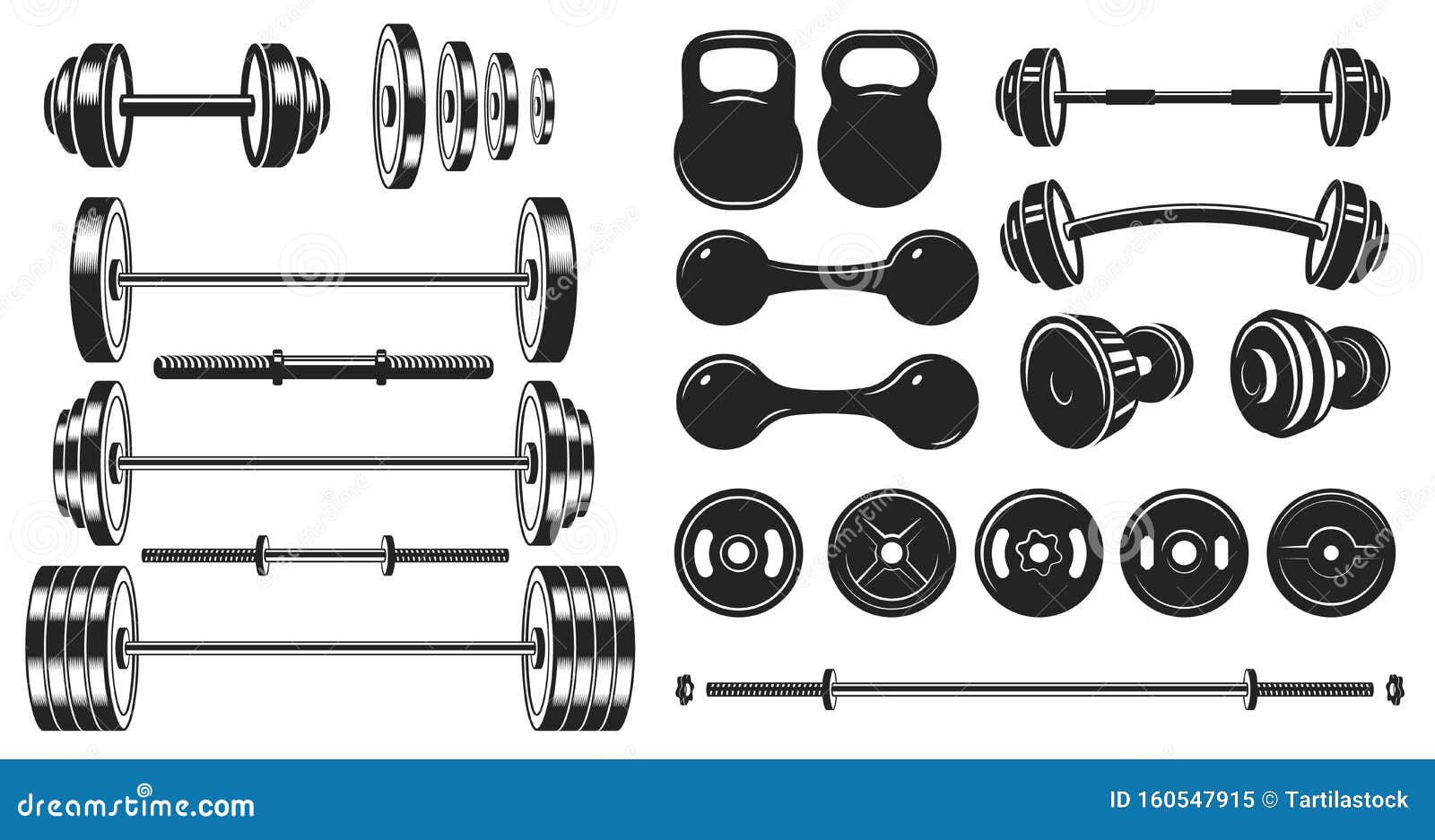 gym equipment silhouette. fitness sport, heavy weight barbell and vintage bodybuilding stencil   set