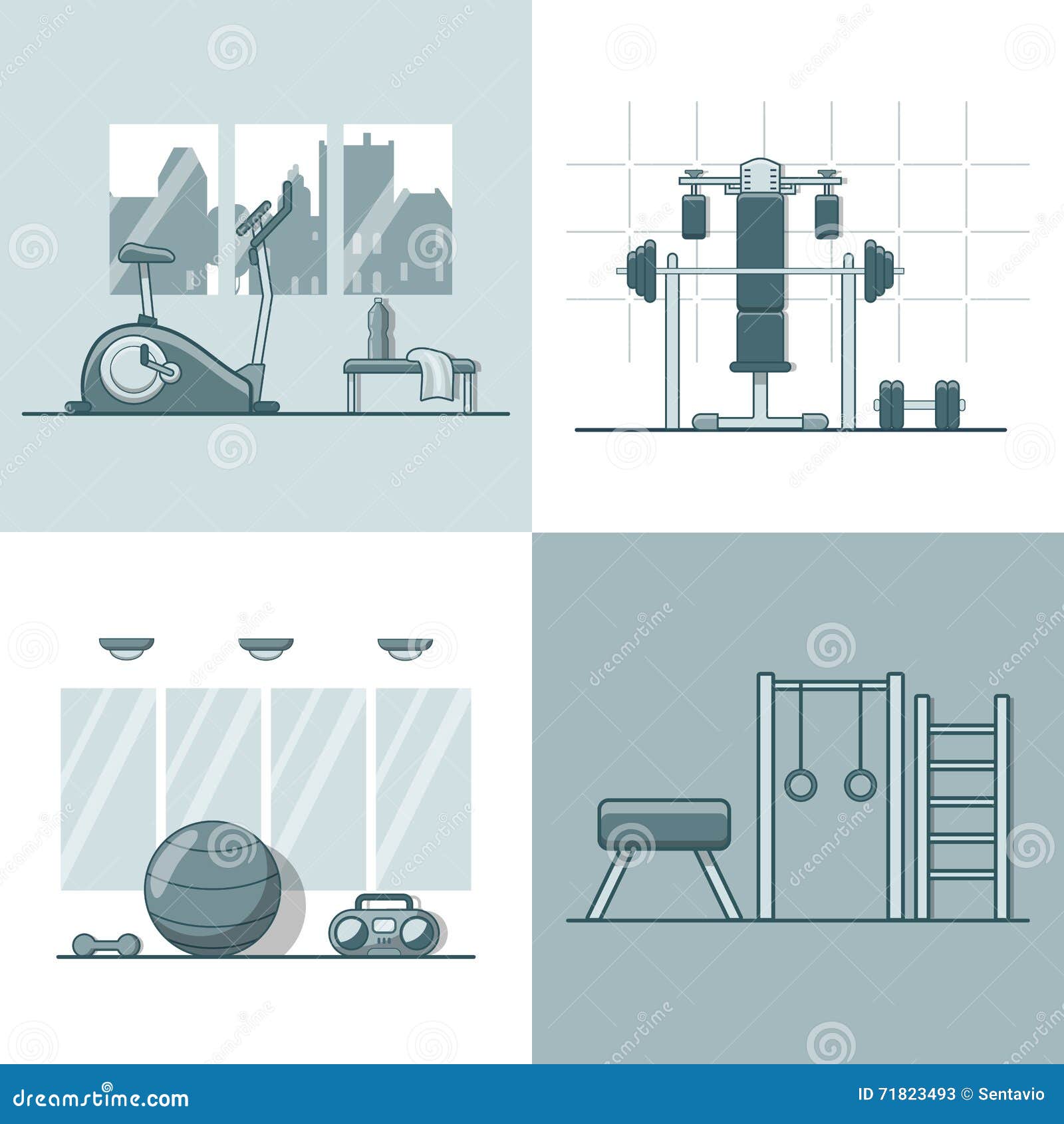 gym exercise equipment room interior indoor set. l