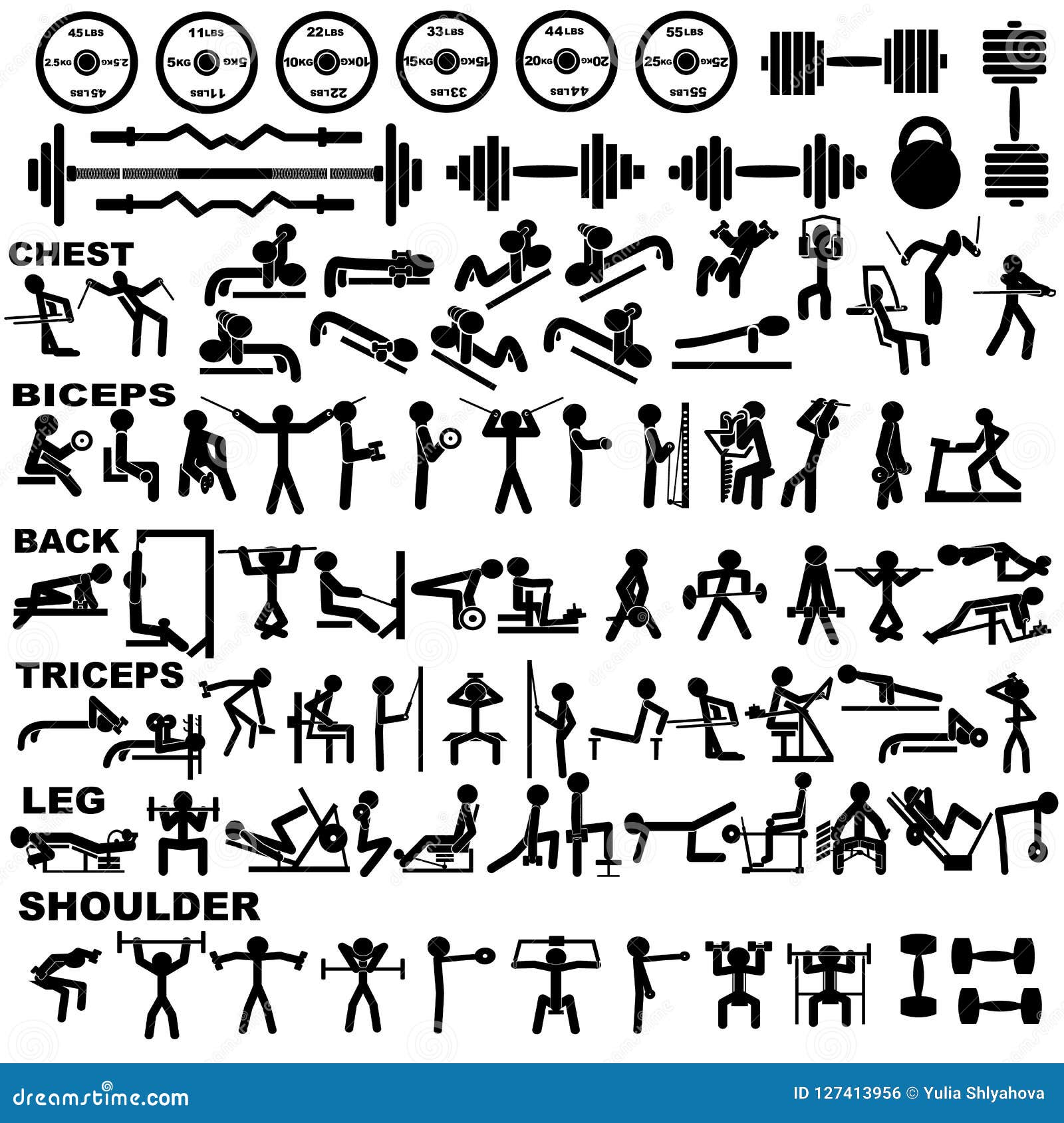 Gym Pictogram Set Of Most Important Pumping Exercises. Black Shapes In