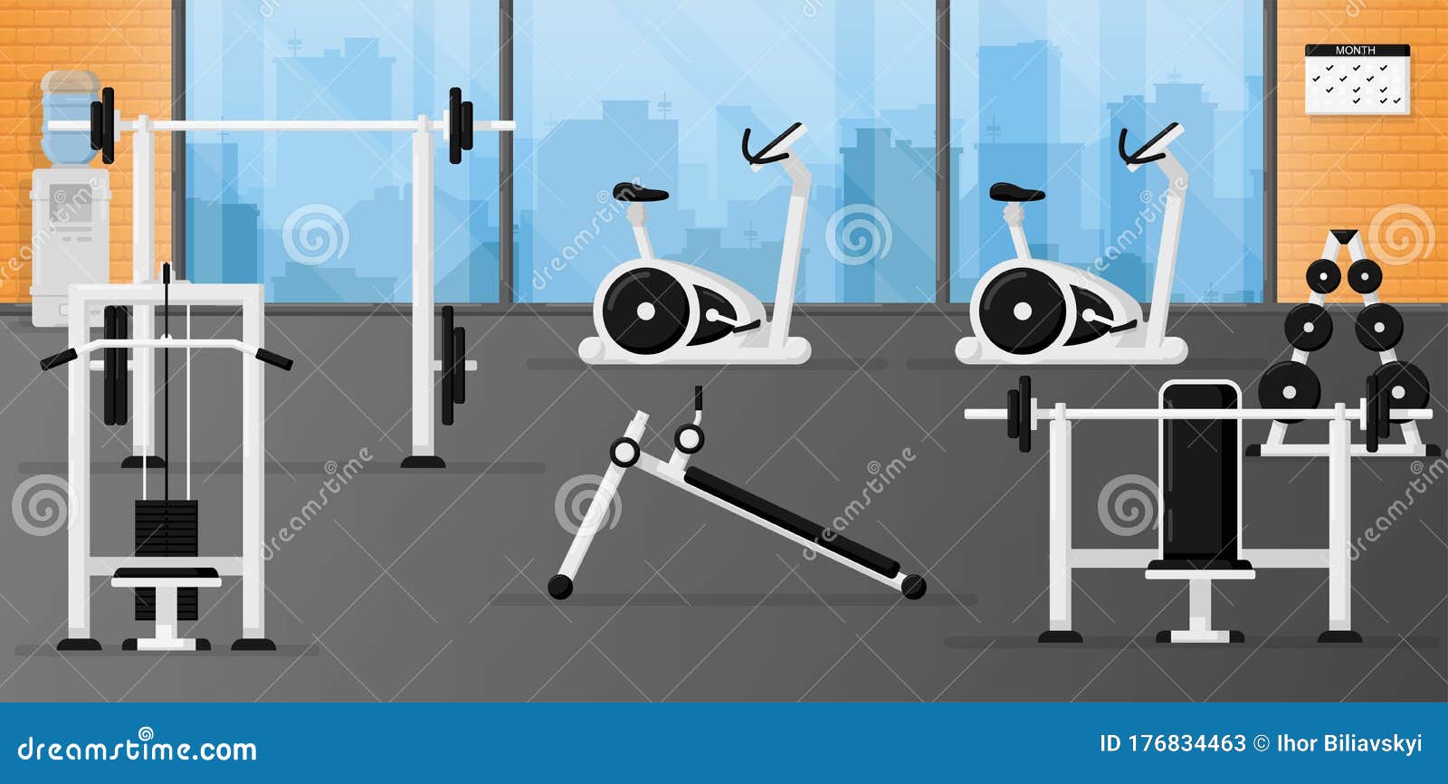 Gym Fitness Equipment Set in the Room with Beautiful Interior Design. Black  and White Color Stock Vector - Illustration of health, gymnastic: 176834463