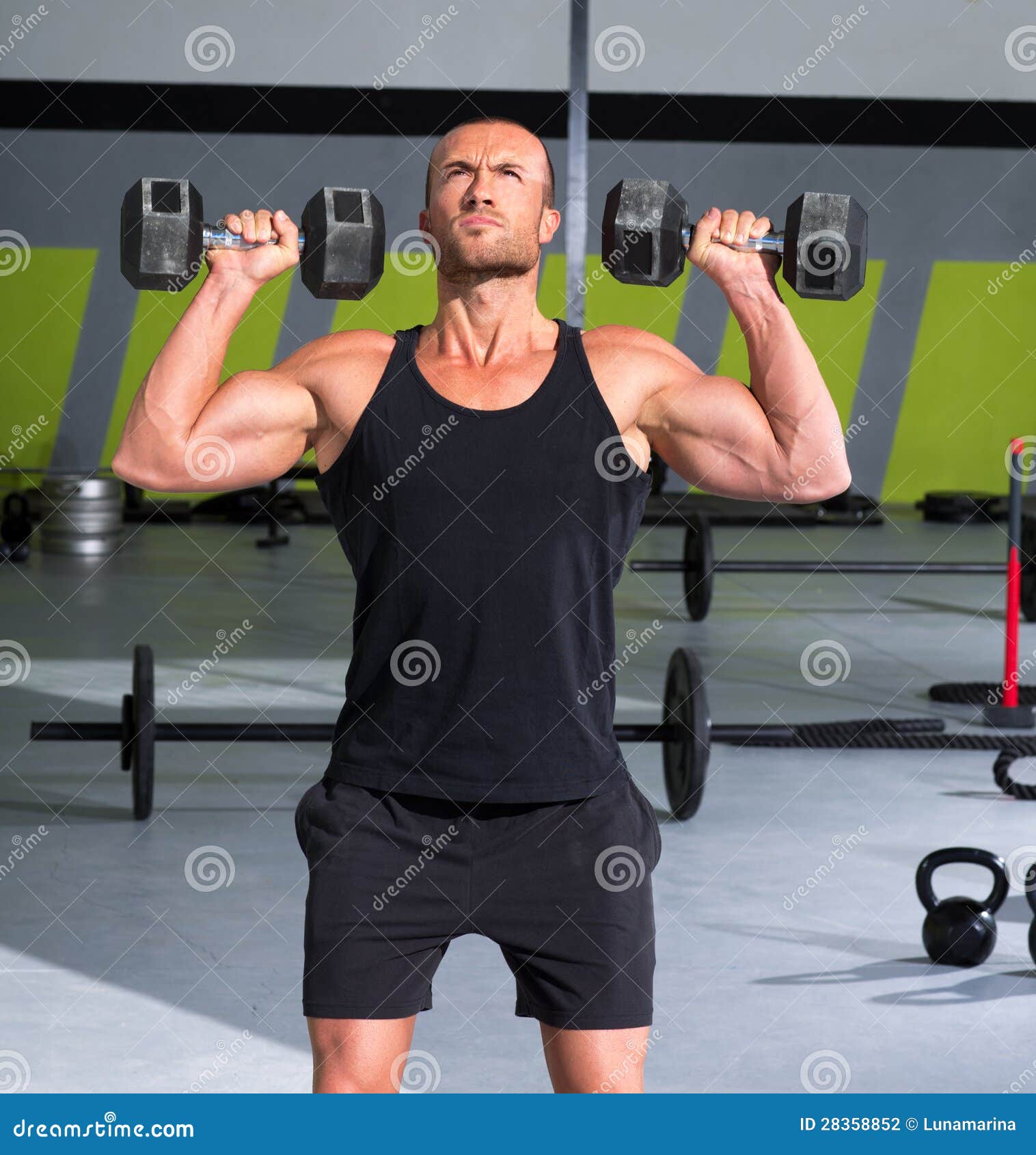 Gym Man with Dumbbells Exercise Crossfit Stock Photo Image of