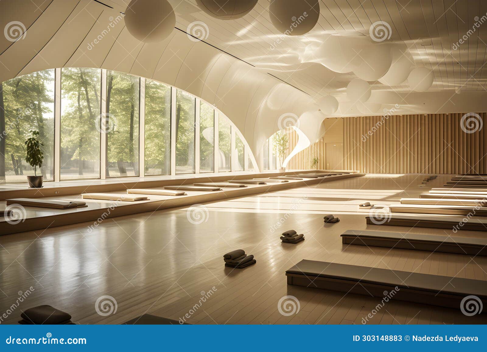 Gym White Interior with Black Yoga Mat, Big Windows, No People. Copy Space.  Stock Illustration - Illustration of meditating, cozy: 303148883