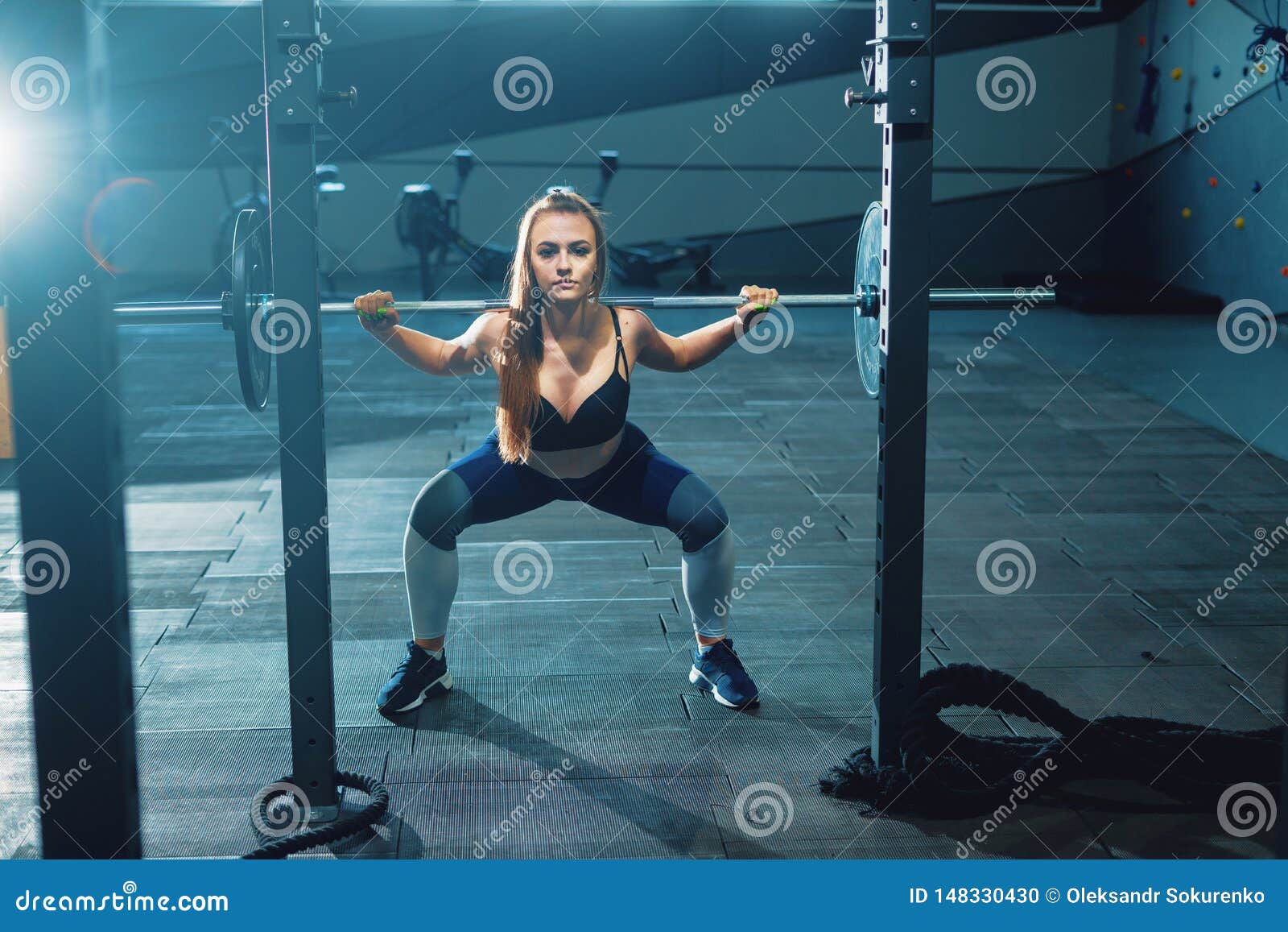 Gymnast Girl Doing Squat Barbell. Stock Photo - Image of fitness ...