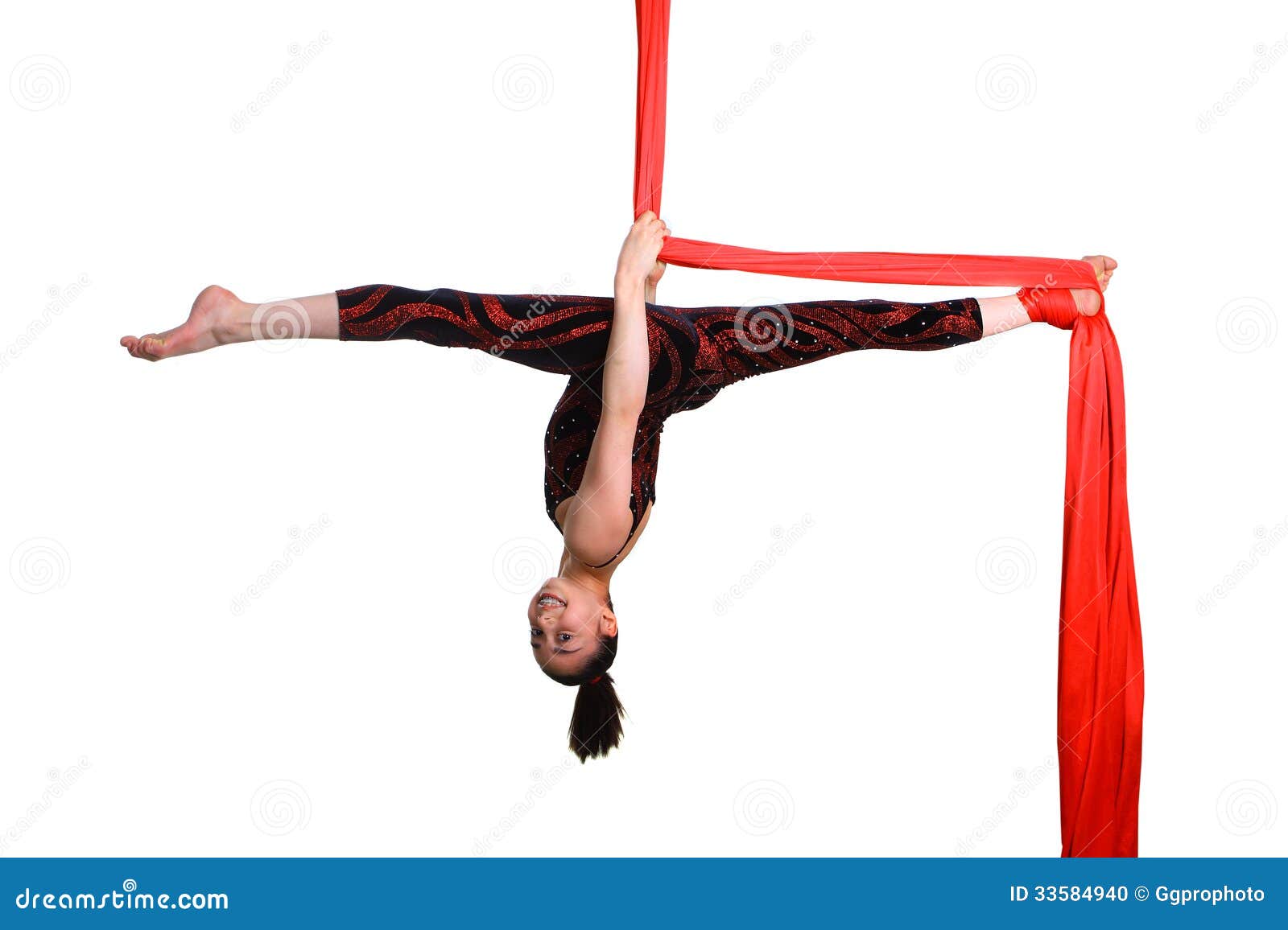 Gymnastic Girl Exercising on Red Fabric Rope Stock Photo - Image