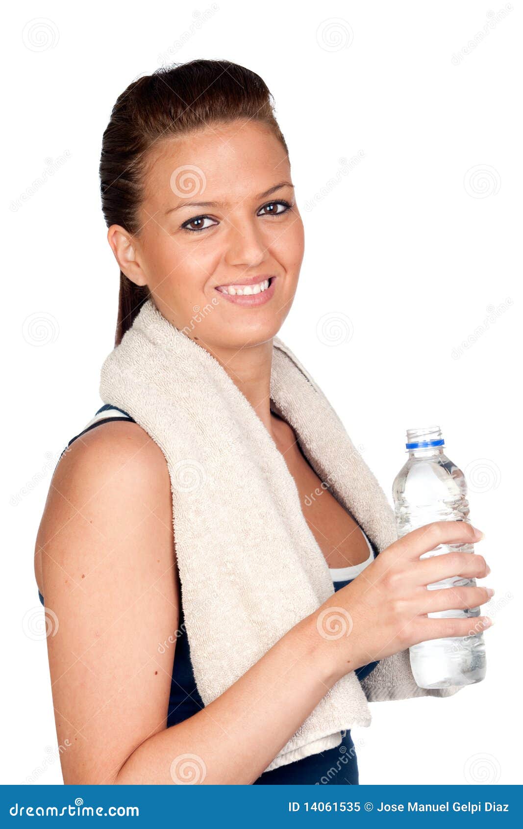 Полотенце на шею. Полотенце в воде. Women holding Bottle.