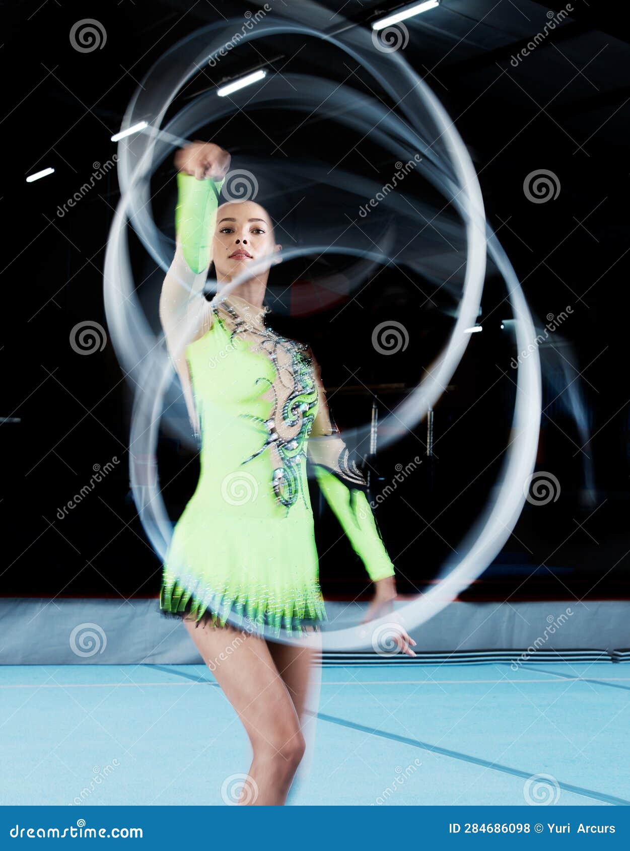 Woman with ribbon for rhythmic gymnastic. Workout sports