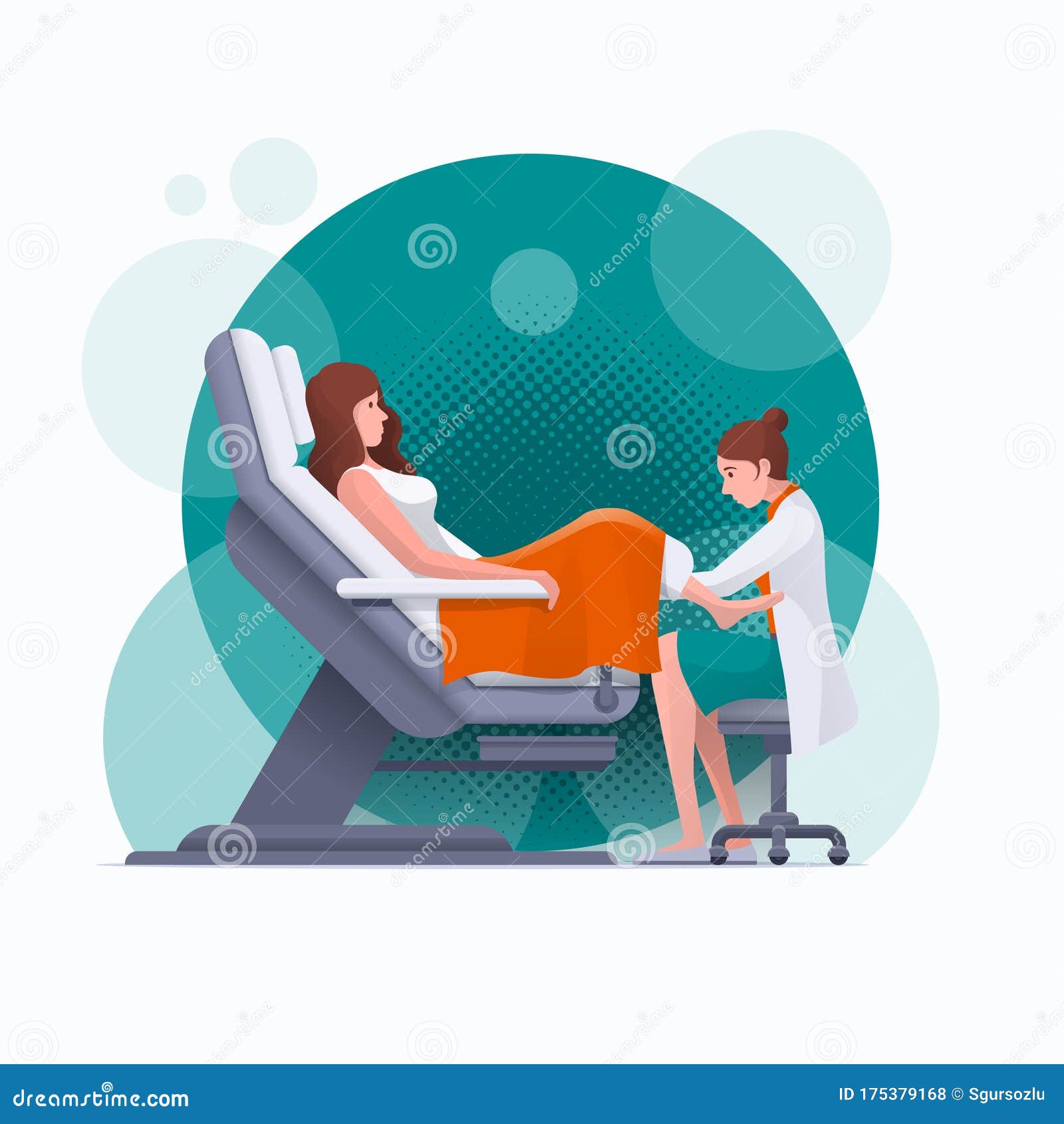 young pregnant woman or woman is lying in gynecological examination chair during gynecological exam