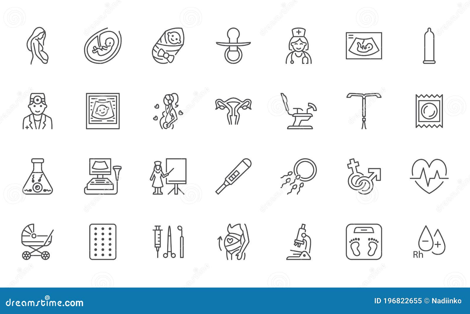 gynecology flat line icons set. pregnancy test, baby ultrasound, obstetrics doctor, embryo in uterus, infertility, ivf