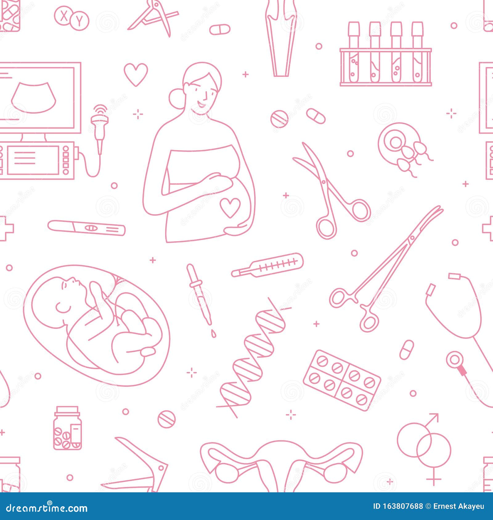 Gynecology and Pregnancy Linear Vector Seamless Pattern