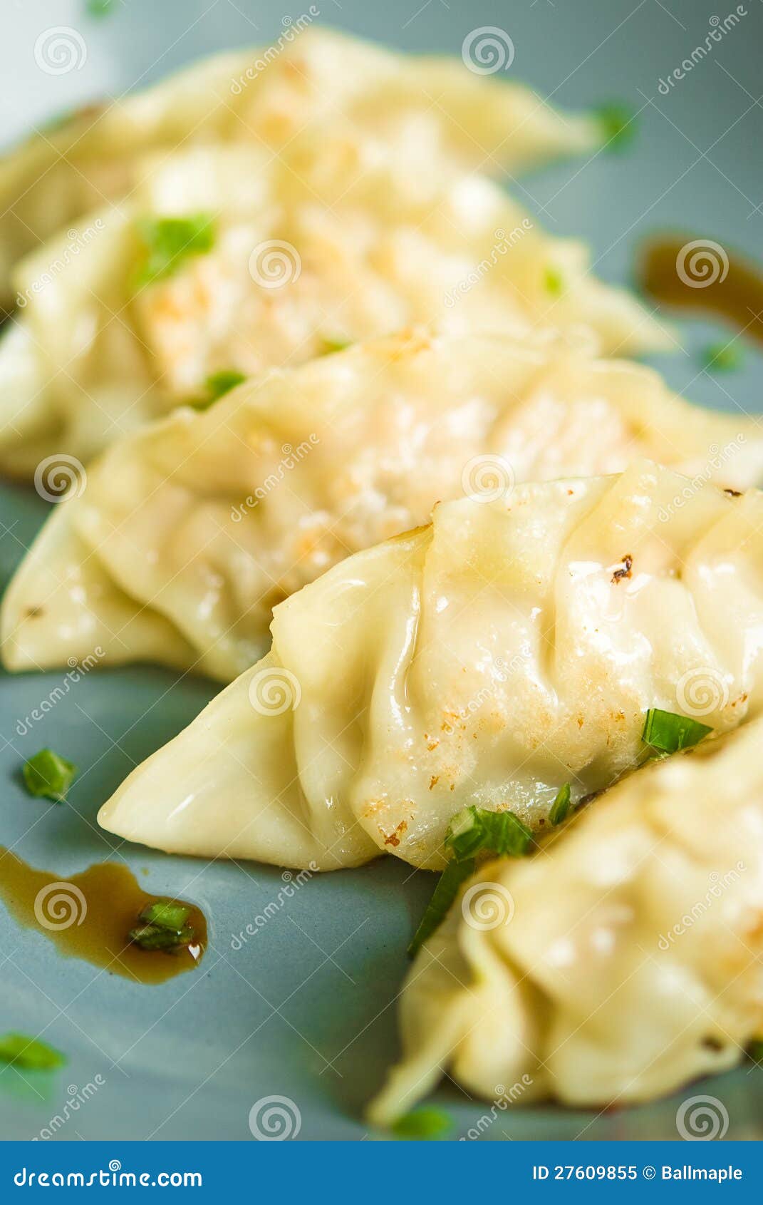 Gyoza na placa azul com molho de soja