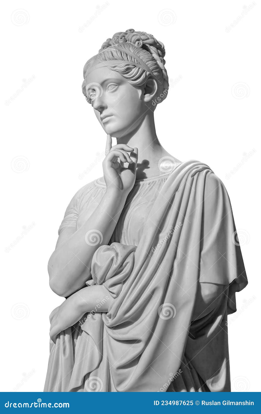 gypsum copy of ancient statue of thinking young lady  on white background. side view of plaster sculpture woman
