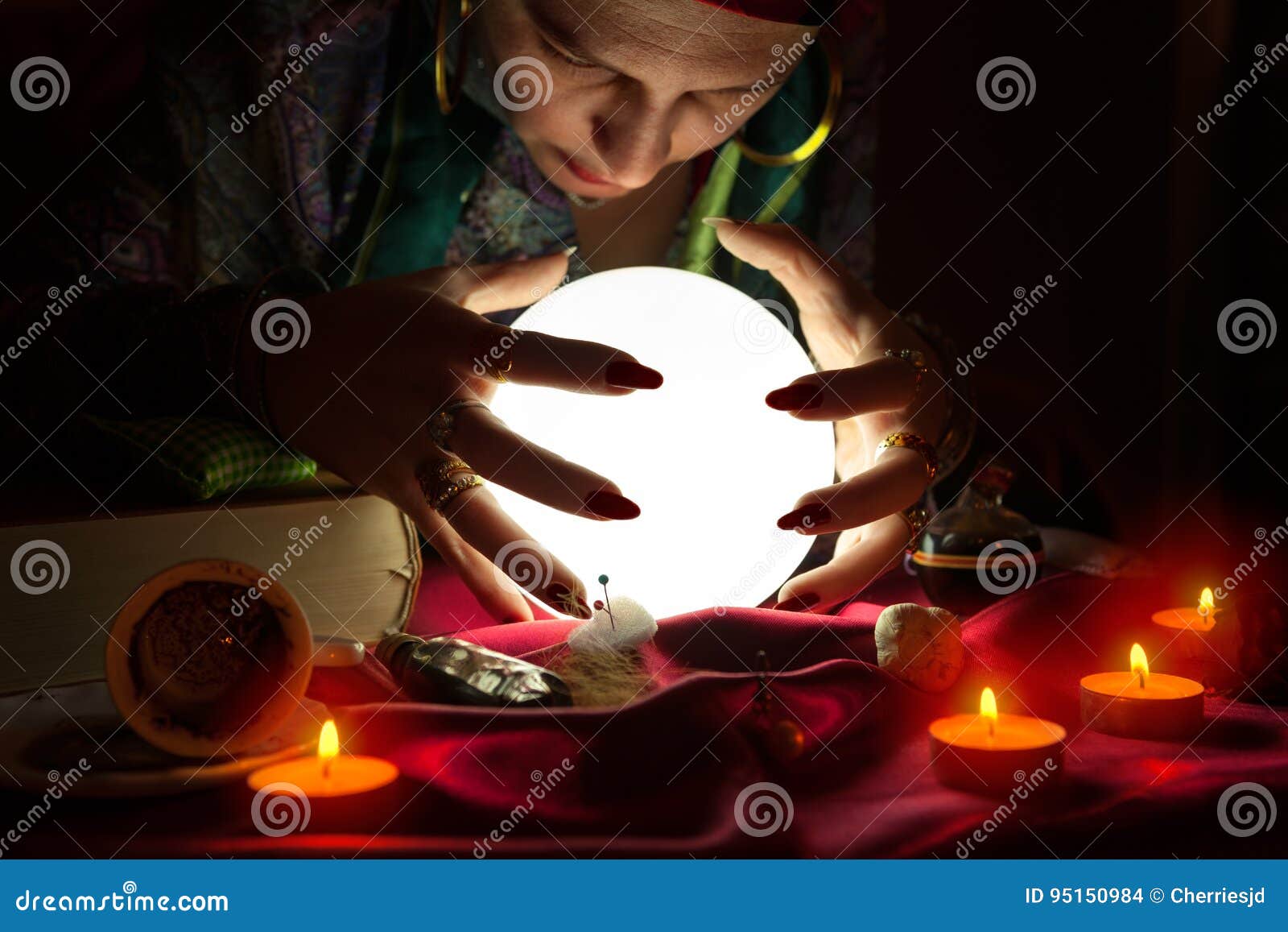 Gypsy Fortune Teller Staring in Crystal Ball Stock Photo Image of