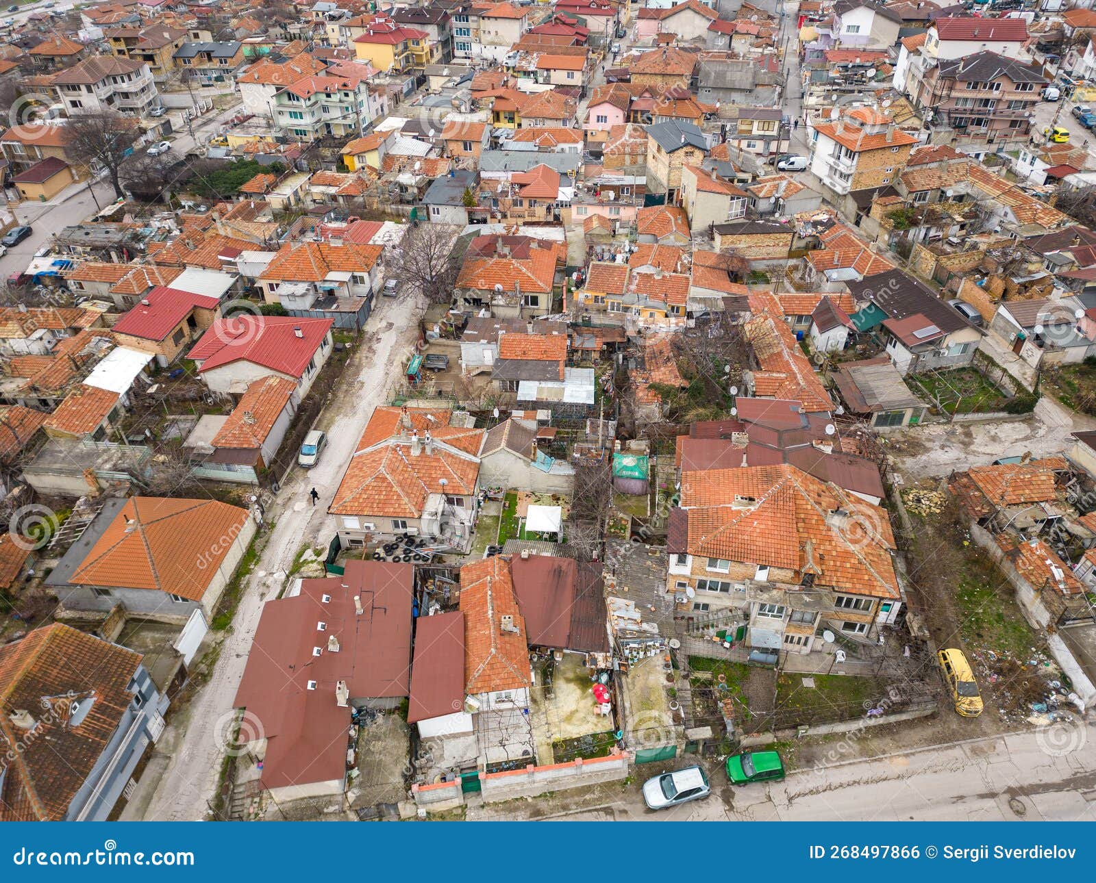 gypsy slum district of maksuda in varna bulgaria, aerial view