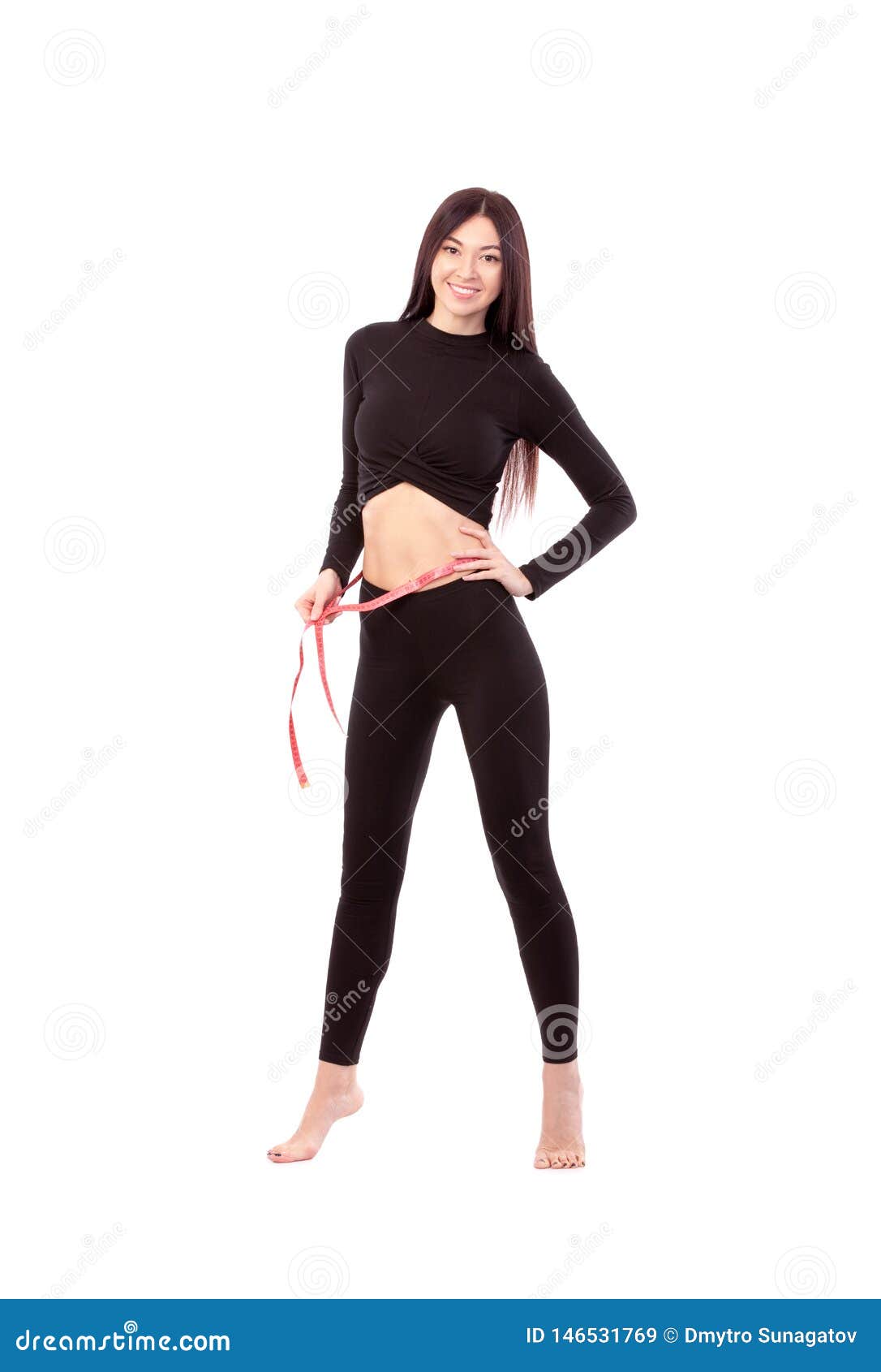 Pretty Woman In Black Suit Isolated On White Background Close Up Of Sporty And Beautiful Female Body Woman With Measure Tape Stockbild Bild Von Woman Measure