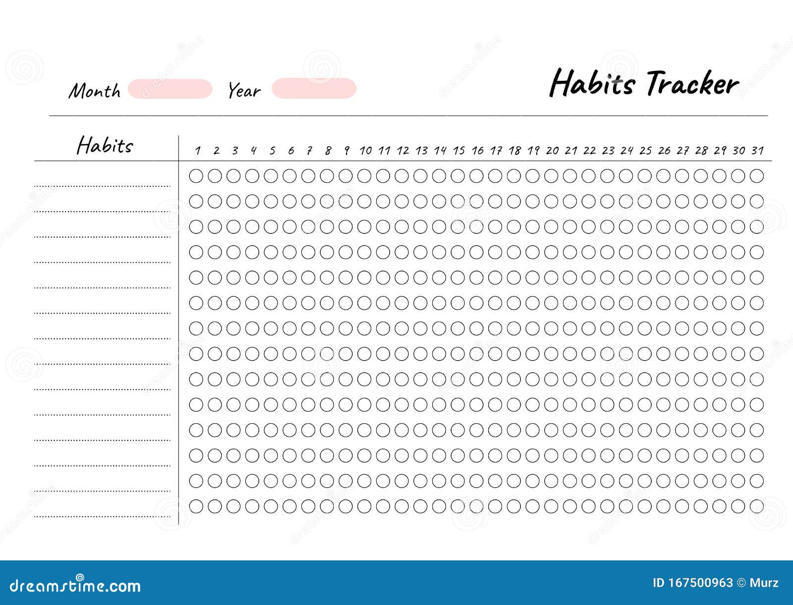 Habits Tracker Printable Template Vector. Blank White Notebook Page A4