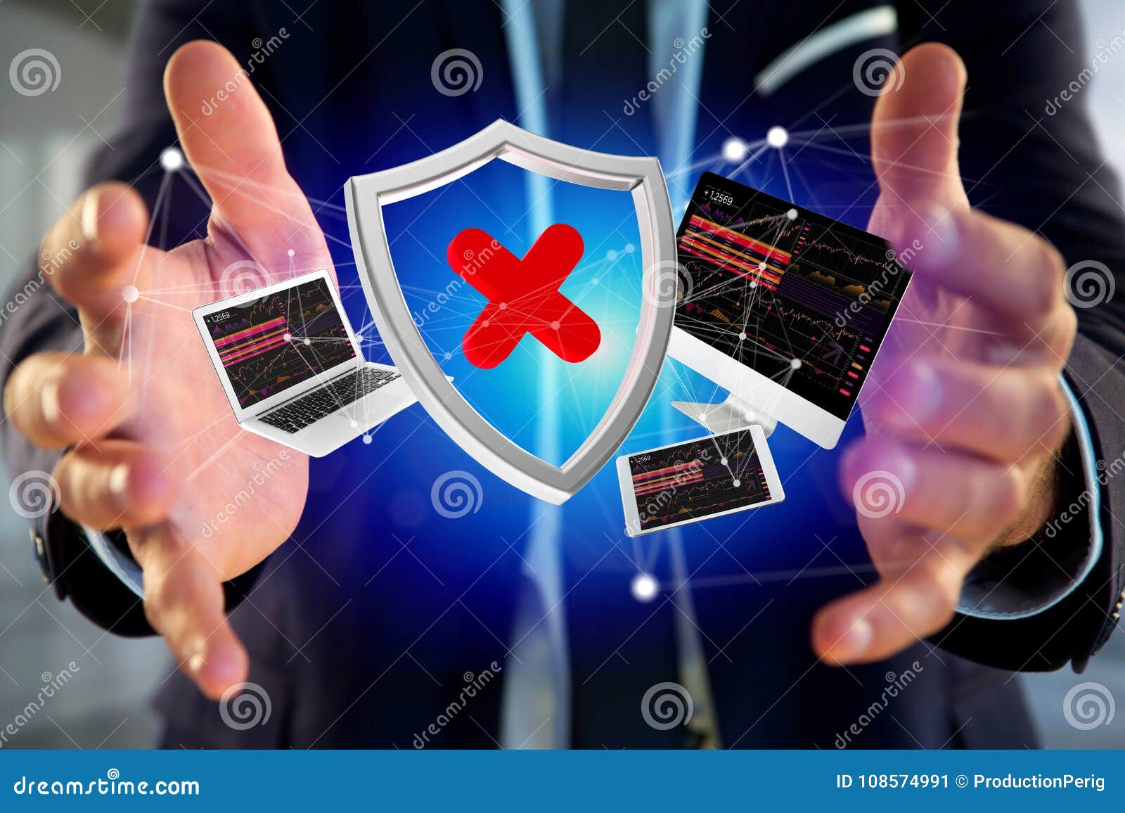 Hacked Shield Symbol Surrounded by Devices and Network Displayed Stock