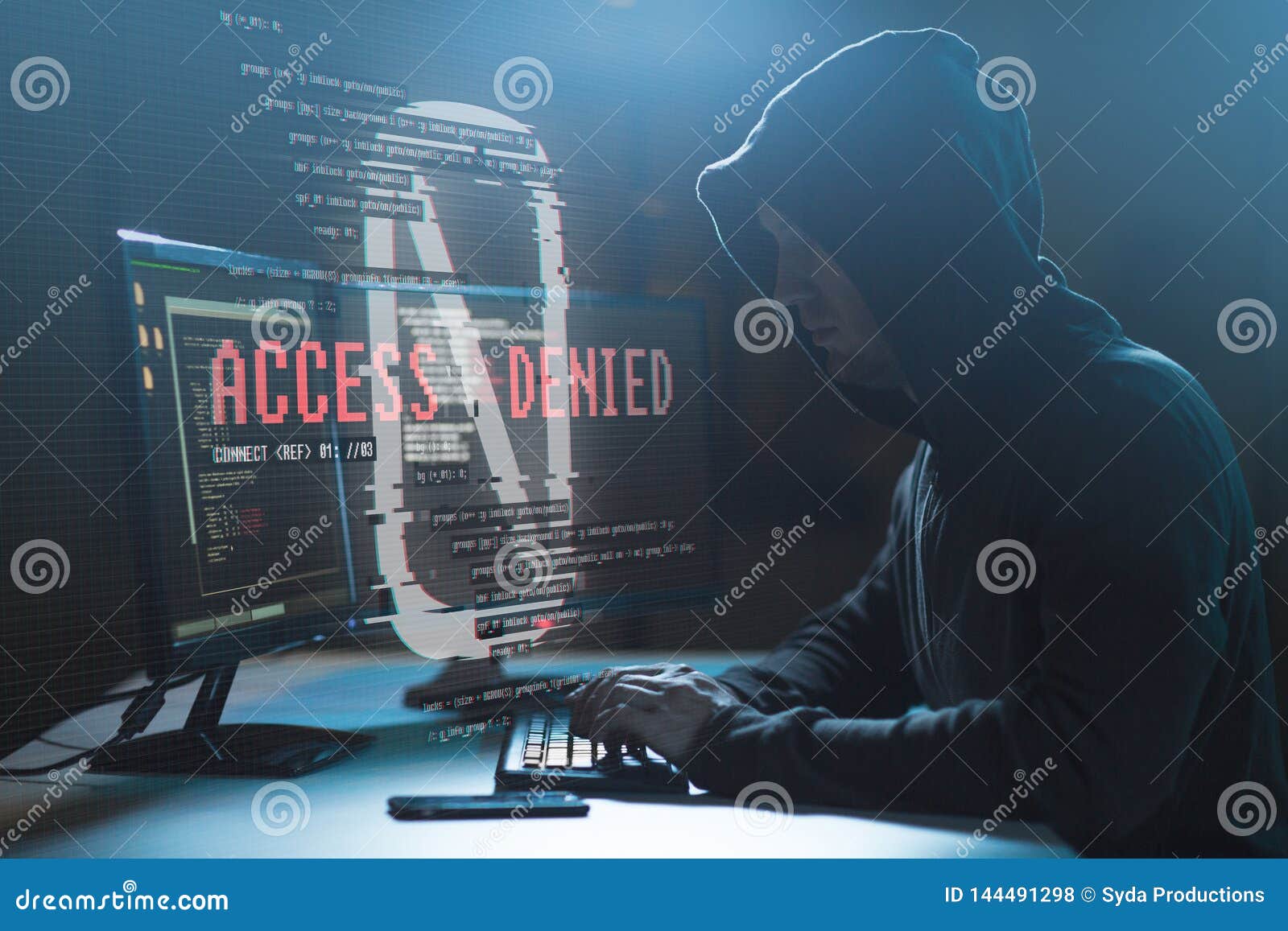 Hacker with Access Denied Messages on Computer Stock Photo Image of