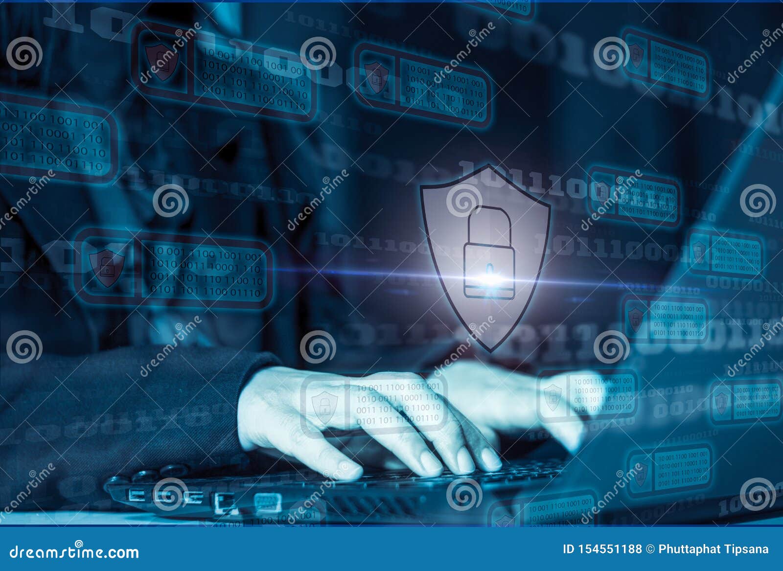 hacker attack laptop computer background icon binary shield padlock concept preventing website attacks keeping 154551188