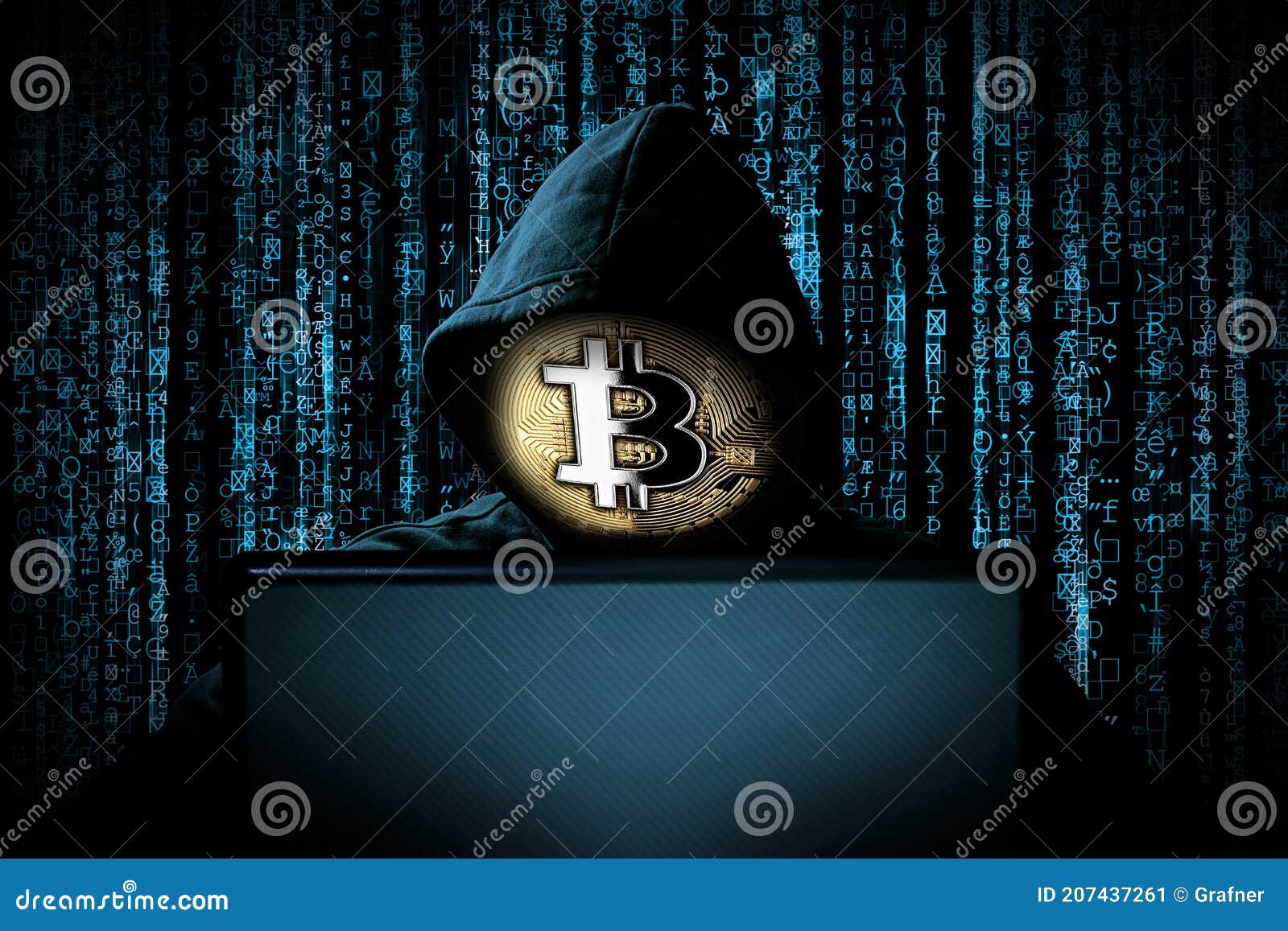 Hacker with Bitcoin Face Mask Behind Notebook Laptop Front of Blue Source  Binary Code Background Internet Cyber Hack Attack Crypto Stock Image -  Image of concept, laptop: 207437261