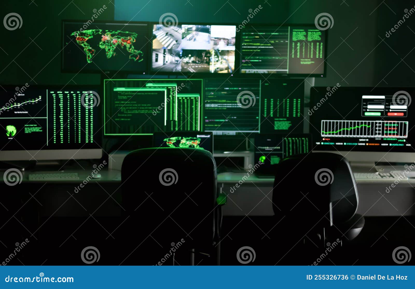 Hacker Empty Lair with Multiple Monitor Screens and Security Cameras