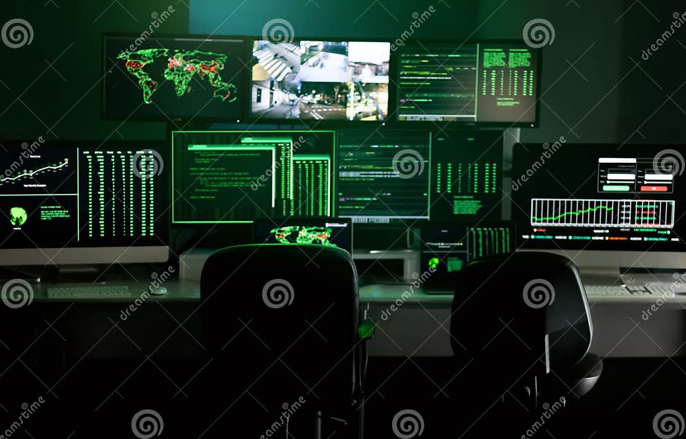 Hacker Empty Lair with Multiple Monitor Screens and Security Cameras. Hacker Dark Hideout Space