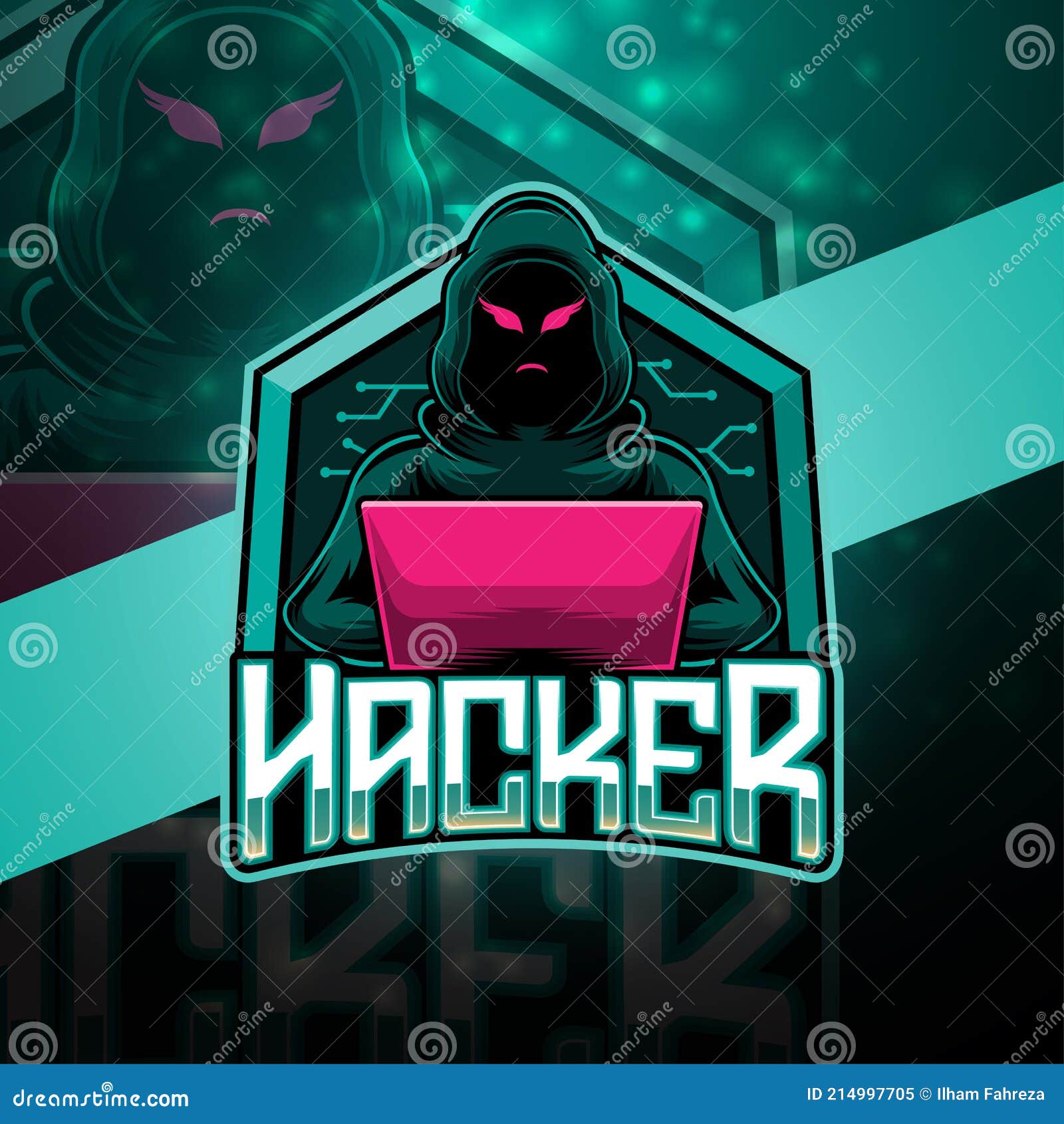 Hacker feminino, ciborgue, mascote esport, personagem de design de logotipo  para jogos