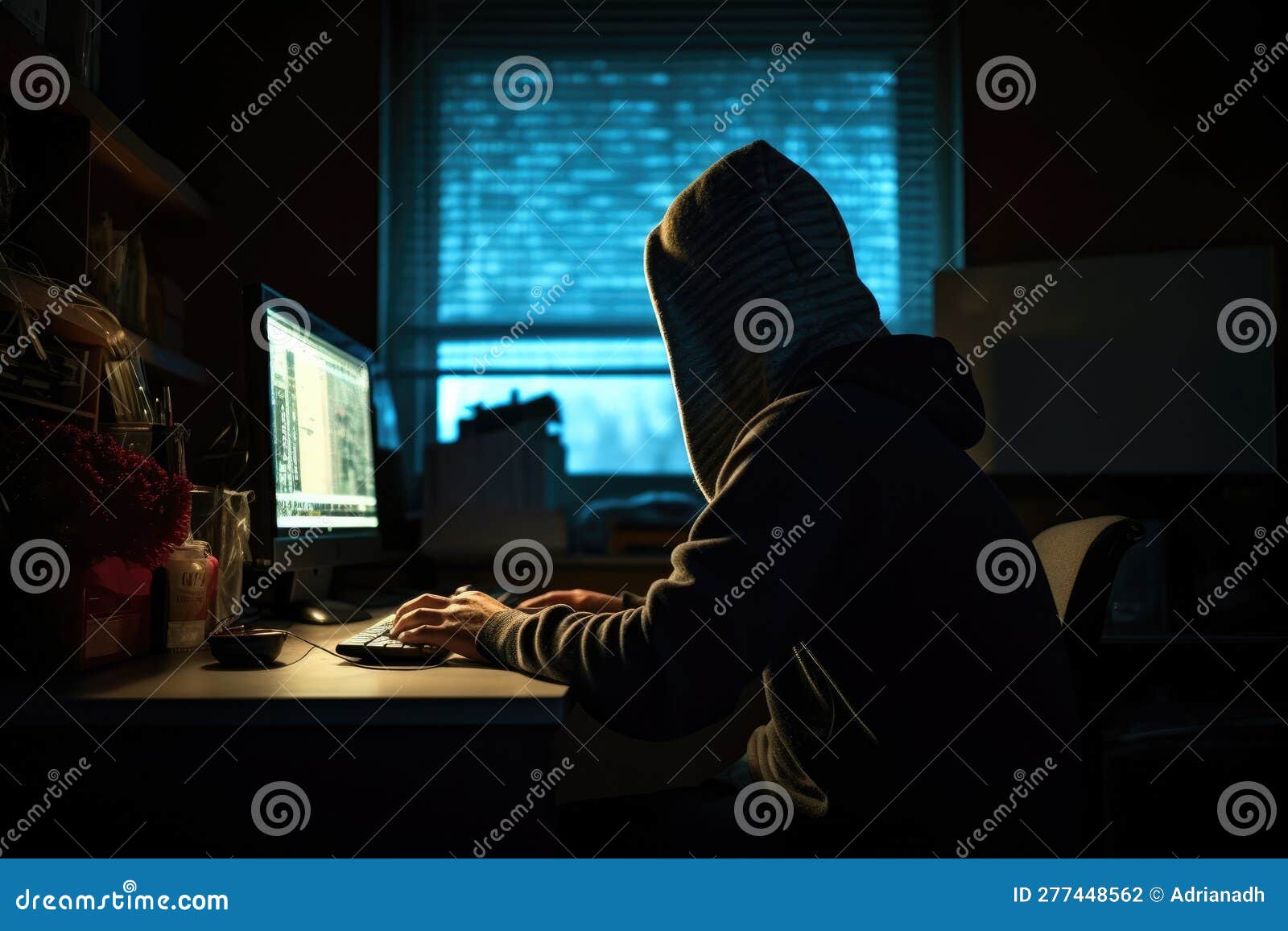 Hacker In Front Of Sophisticated Computer Equipment Stock Photo 277448574