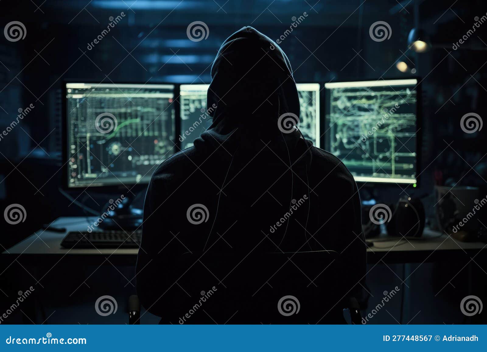 Hacker in Front of Sophisticated Computer Equipment Stock Illustration Illustration of