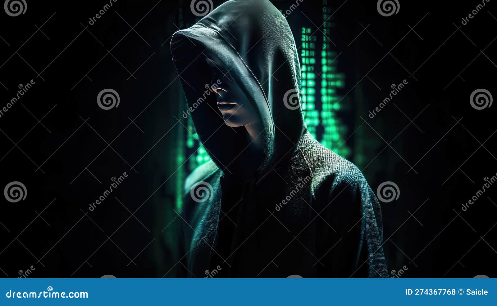 Hacker in the Hood with Tech Glow Background. Generative AI Stock