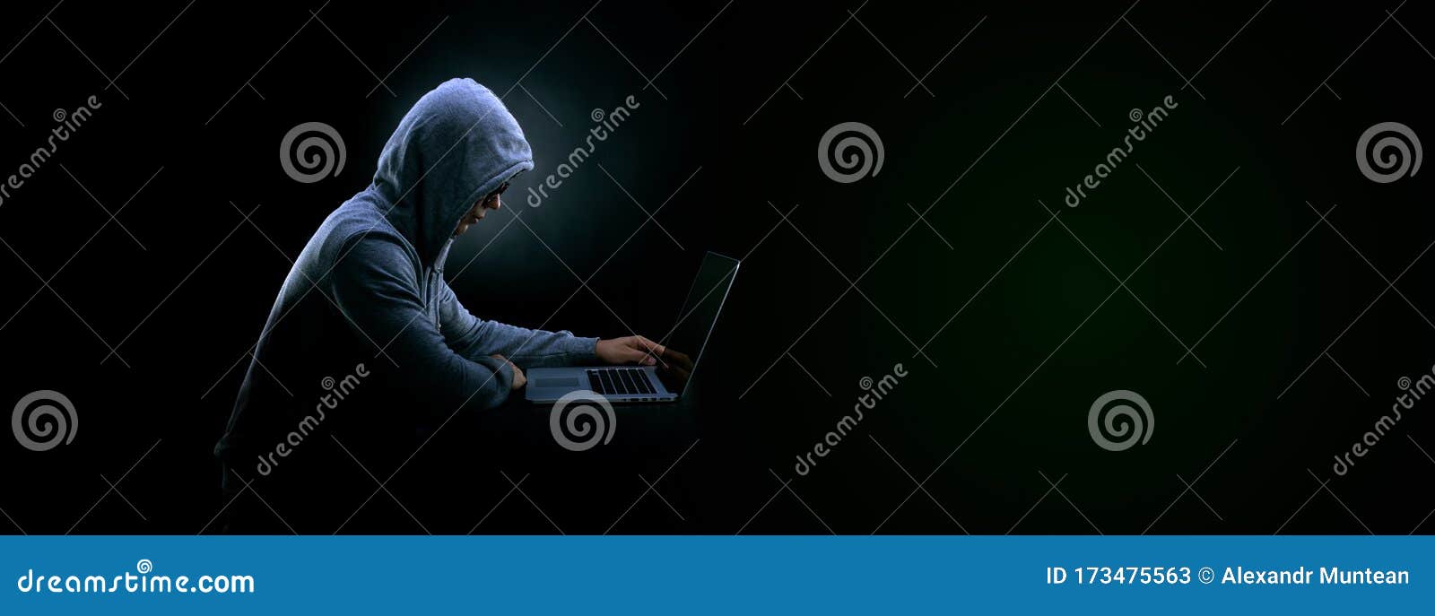 Download Hacker With Laptop Panoramic Mockup Stock Image Image Of Hood Computer 173475563