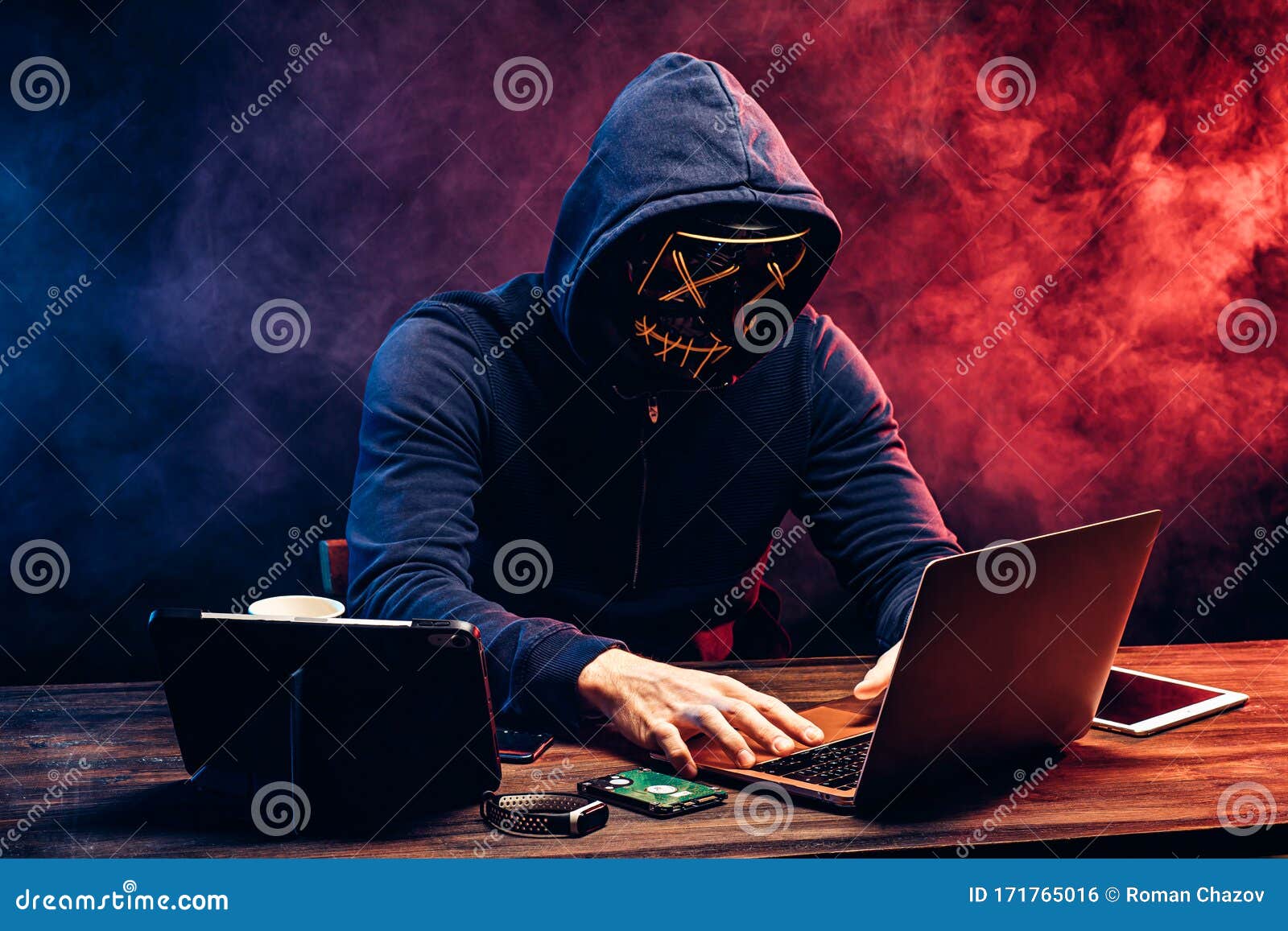 Hacker Man Typing on Laptop, Hacking Computer System Stock Photo