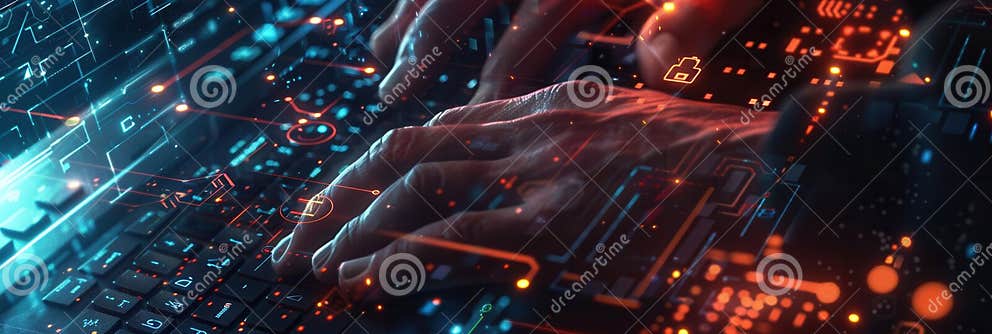Hacker Rapidly Types on a Keyboard, Illuminated by Screens Filled with ...