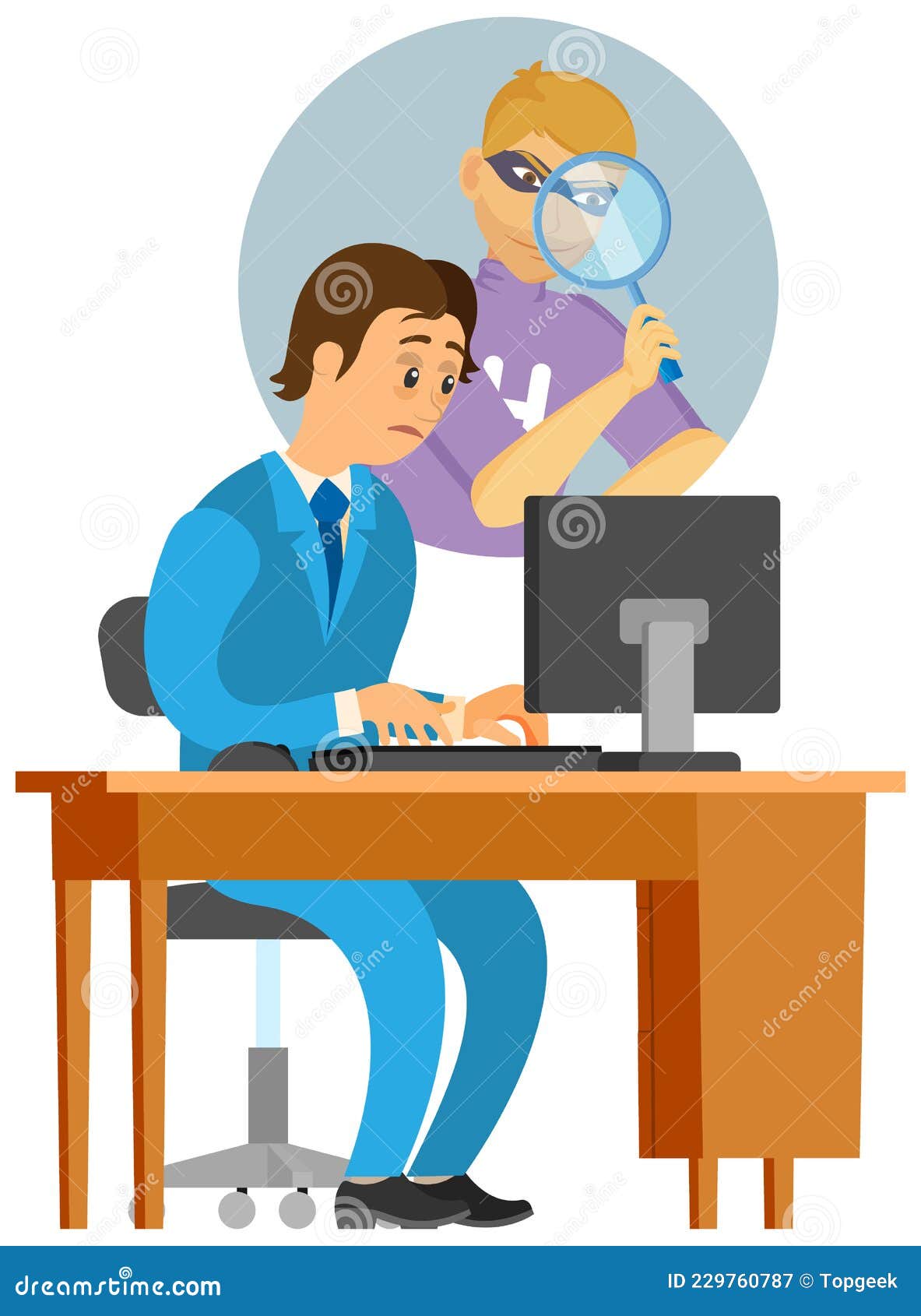 Hacker Spying on Office Worker at Table with Laptop. Businessman or Clerk  Working at His Workplace Stock Illustration - Illustration of view, break:  229760787