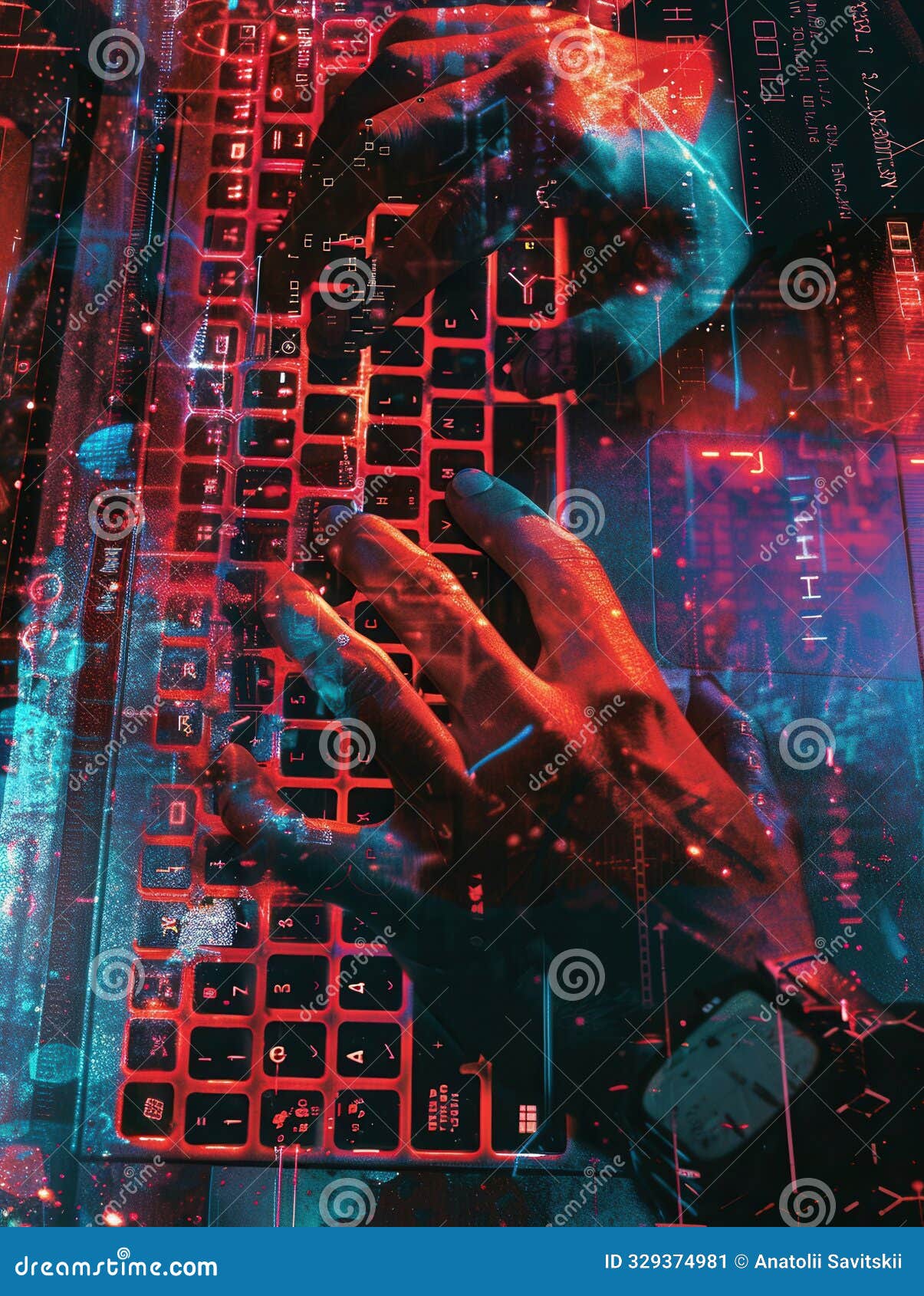 a hacker types rapidly on a keyboard while digital s and codes float around, creating a tech-filled atmosphere