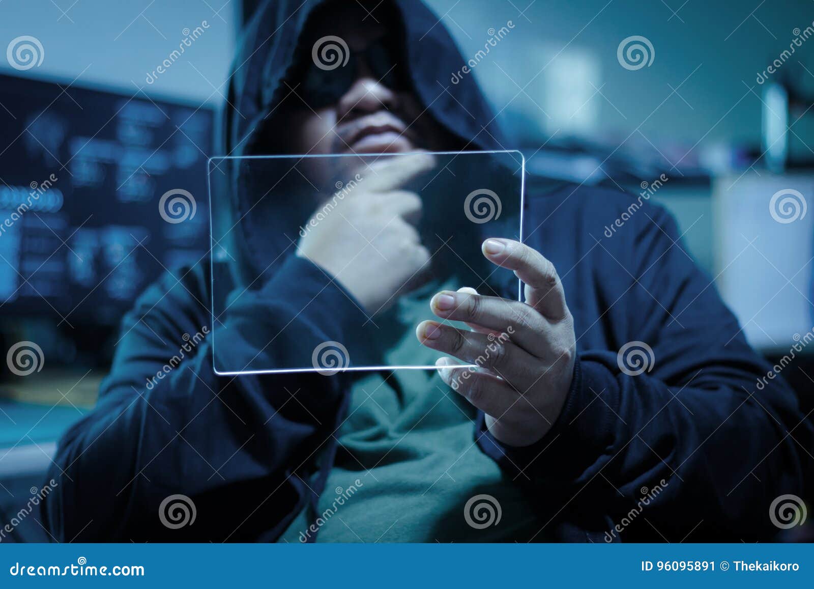 Hacker Using Blank Clear Glass Tablet with Dark and Grain Process