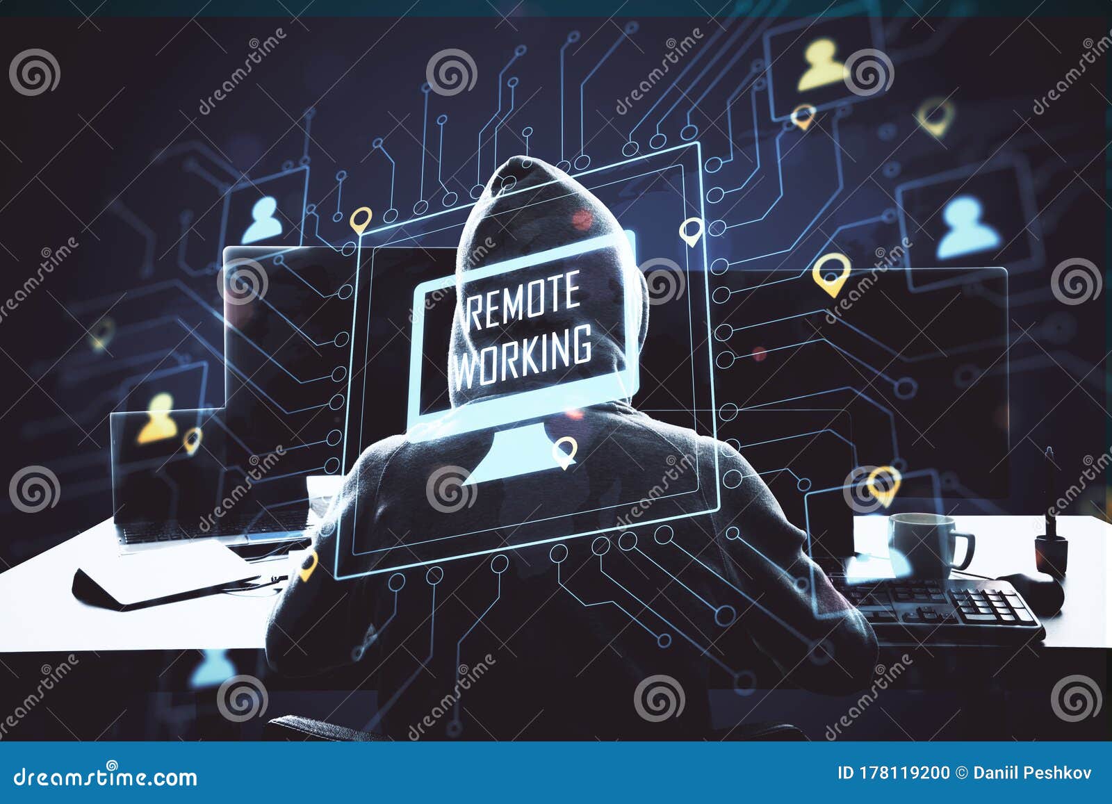 Hacker Using Computer with Glowing Remote Work Interface Stock Photo
