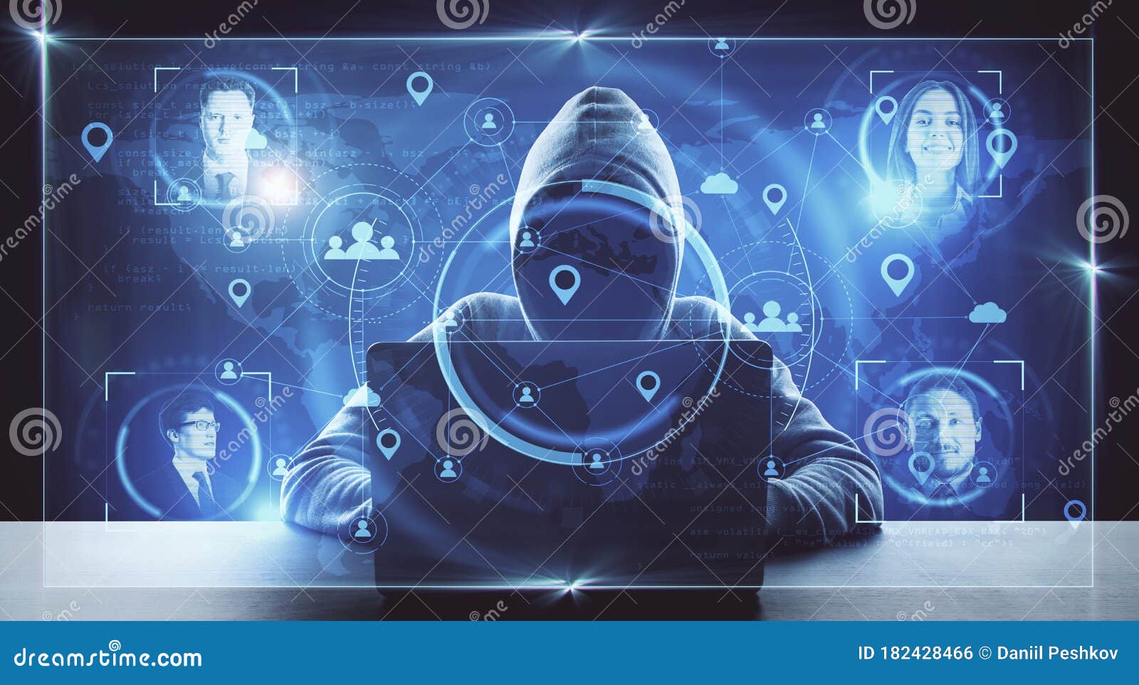 Hacker Using Laptop with Abstract Social Media Network Stock Photo