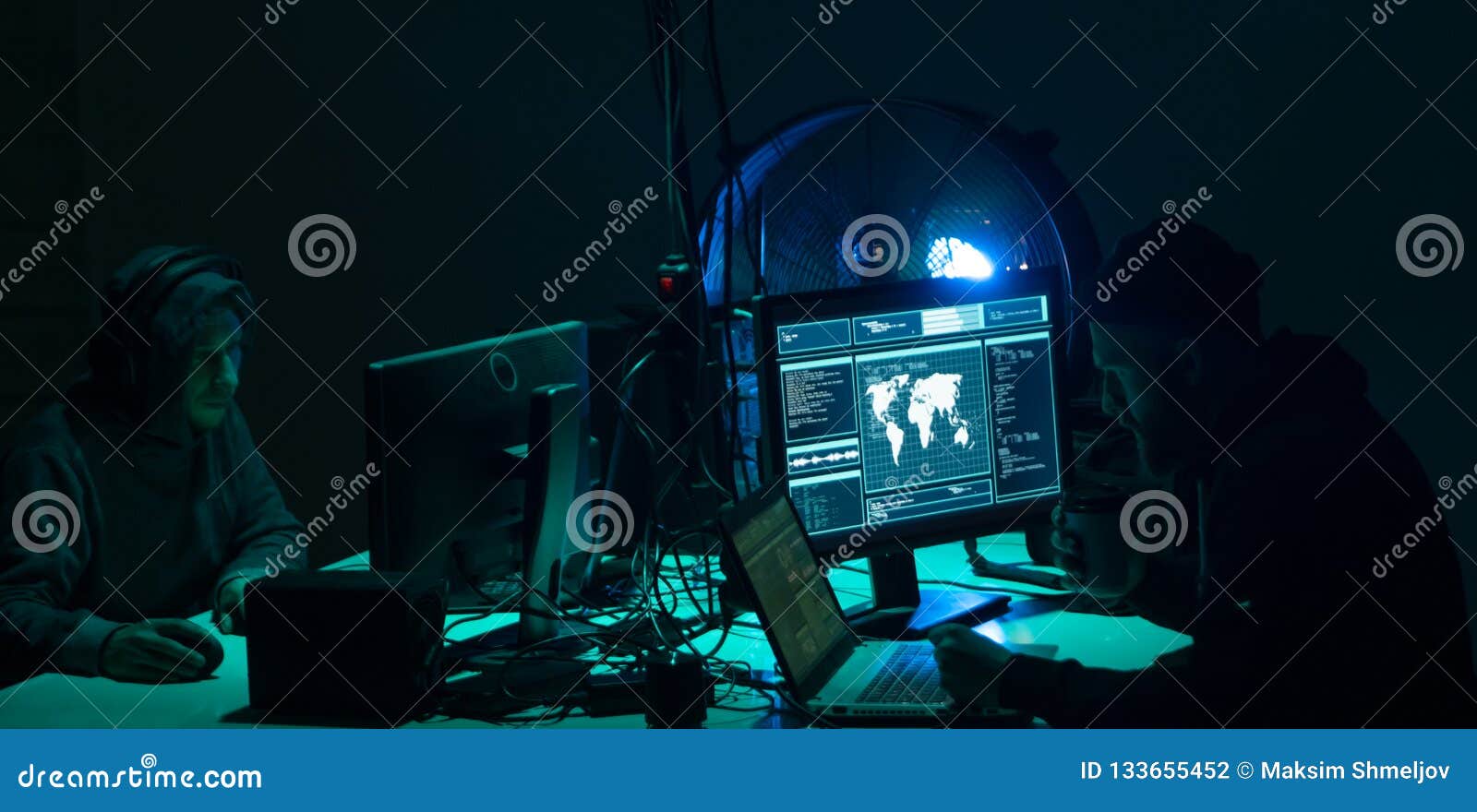 hackers making cryptocurrency fraud using virus software and computer interface. blockchain cyberattack, ddos and