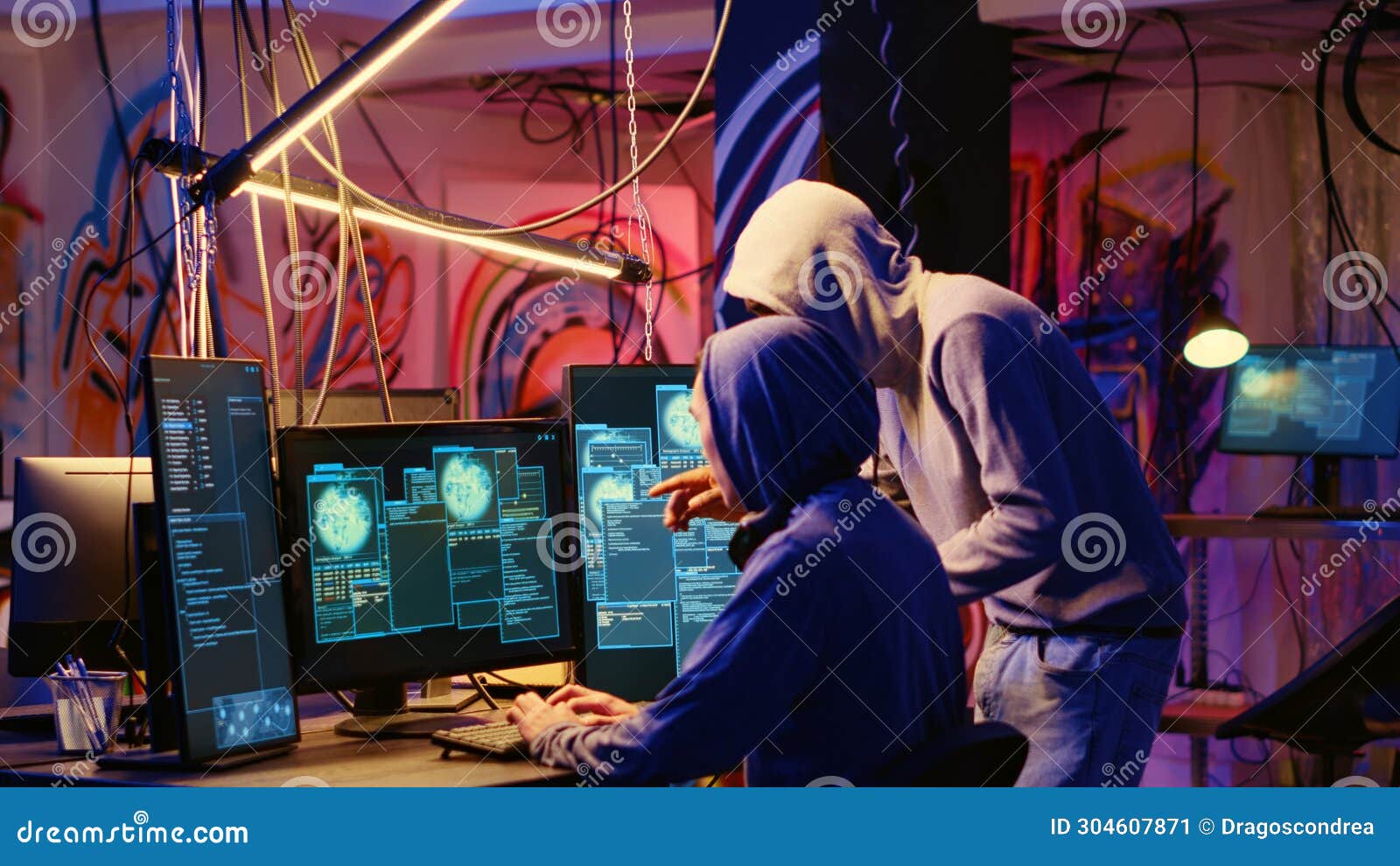 Hackers in Neon Lit Hideaway Stock Image - Image of hideaway, devices:  304607871
