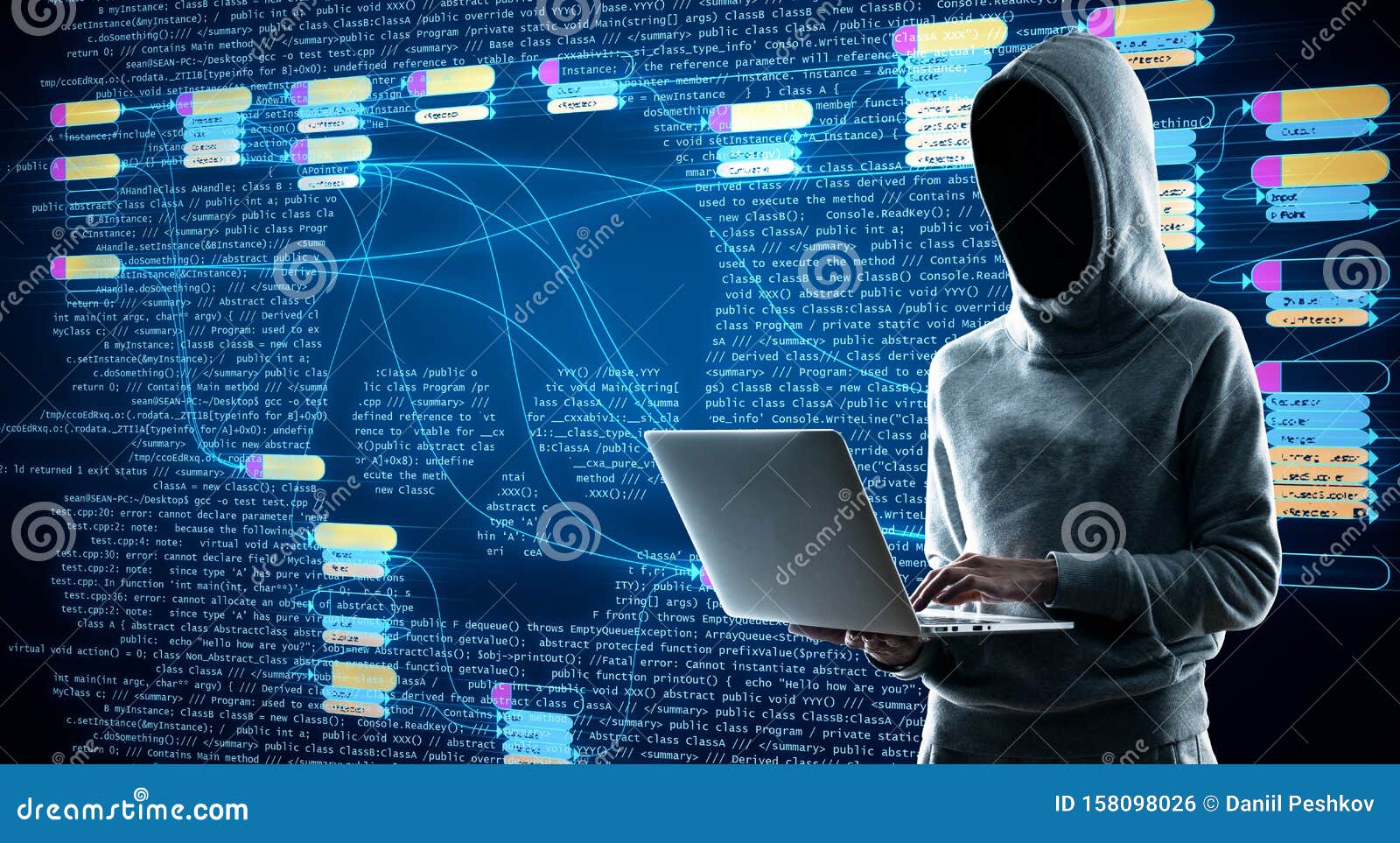 Hacking Concept with Hacker Using Laptop at Digital Map with Node Tree 