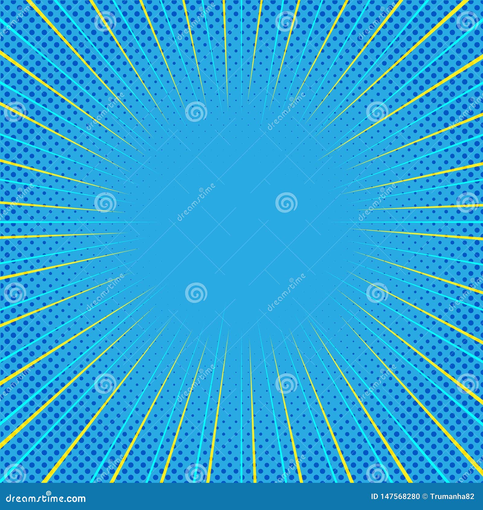 Blue Comic Background with Yellow Zoom Lines and Halftone Dots Pattern