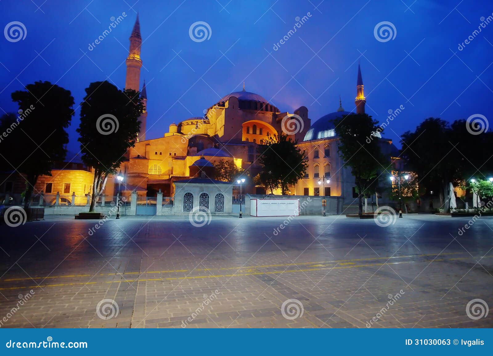 Hagia Sophia mosque at night. The square of Hagia Sophia mosque in Istanbul at night