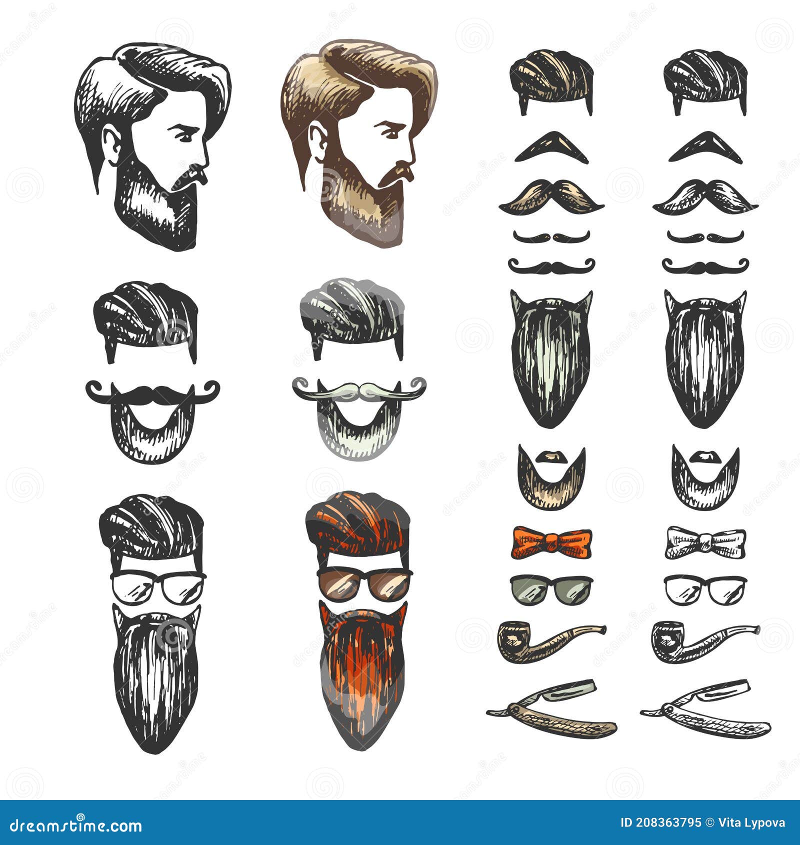 Hair, Beard, Hairstyle, Mustache, Glasses, Tie, Set of Male Stylish Images  Stock Vector - Illustration of collection, grayhaired: 208363795