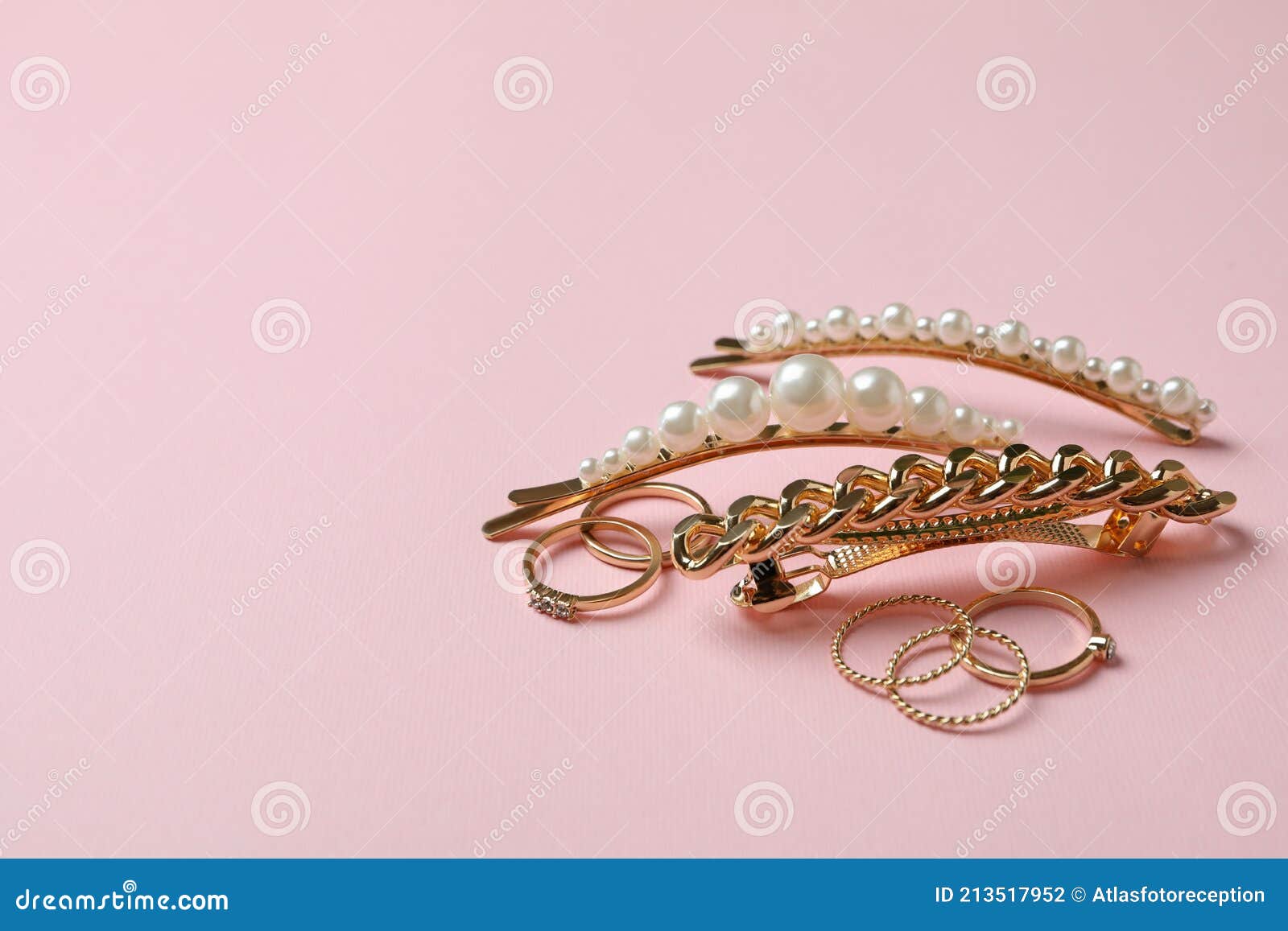 Hair Clips and Rings on Pink Background Stock Photo Image of