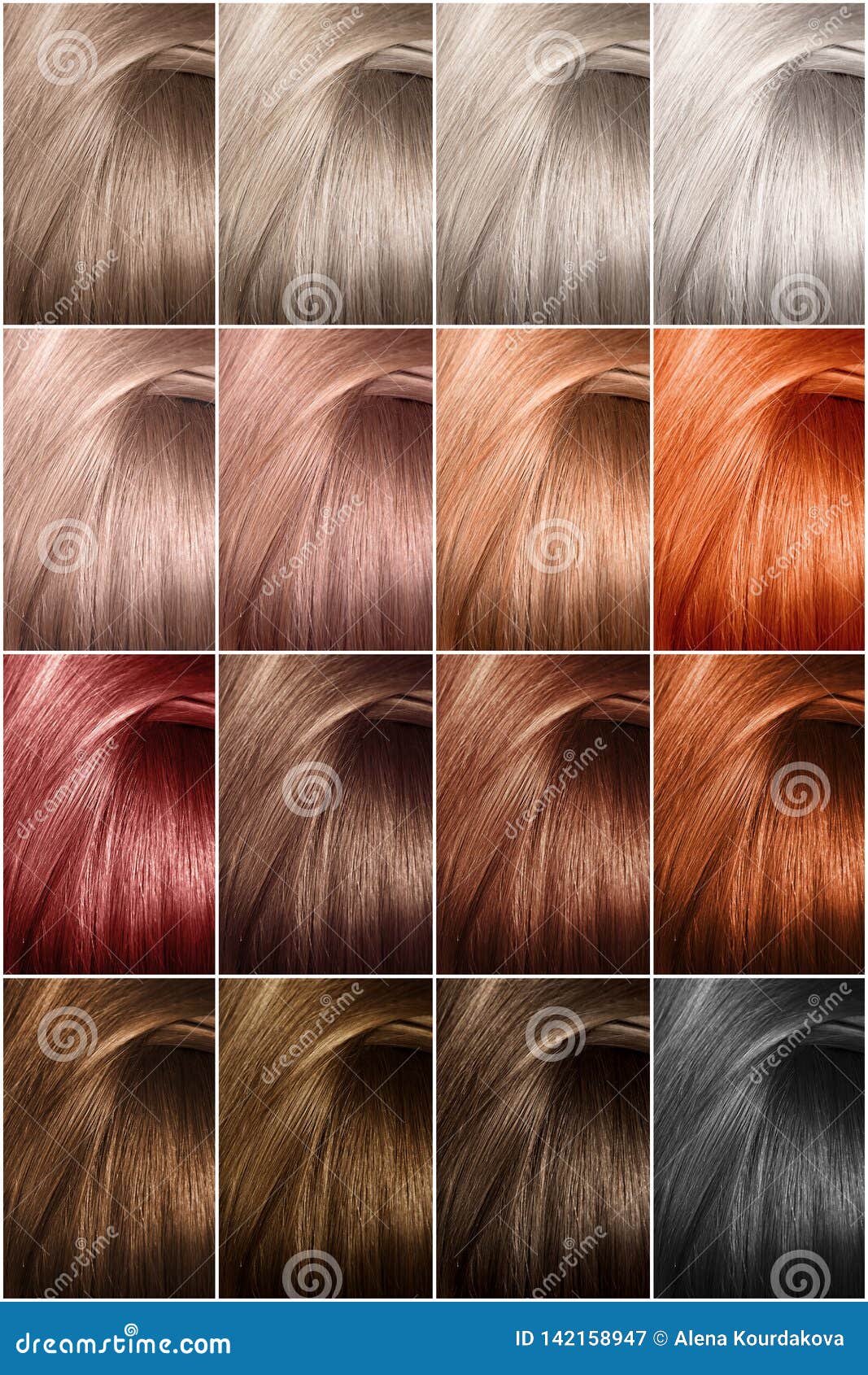 hair color palette with a wide range of samples. samples of dyed hair dyes.